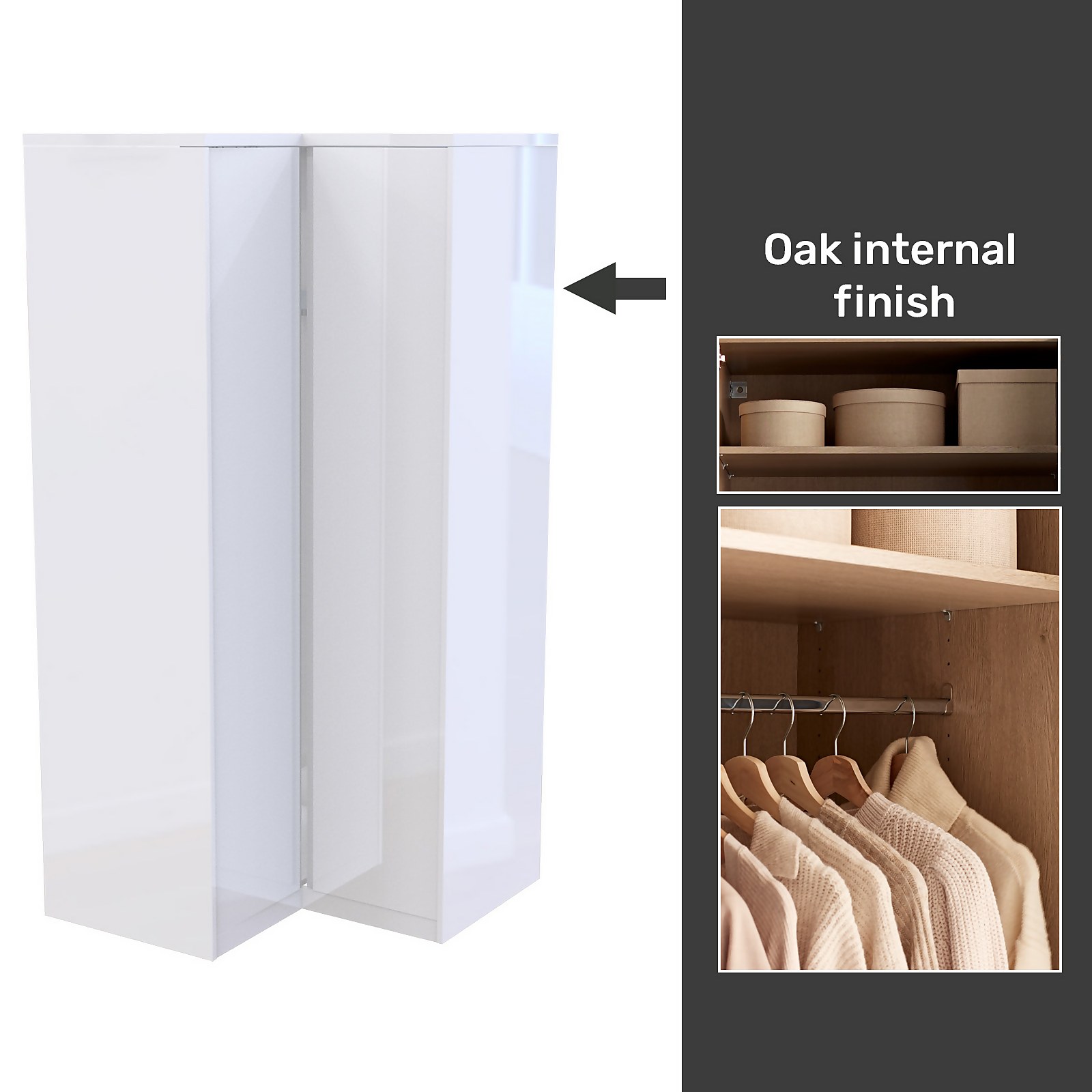 House Beautiful Escape Fitted Look Corner Wardrobe, Oak Effect Carcass - Gloss White Handleless Doors (W) 1073mm x (H) 2226mm