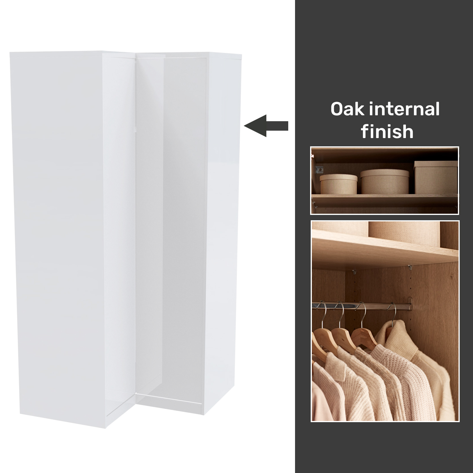 House Beautiful Honest Fitted Look Corner Wardrobe, Oak Effect Carcass - Gloss White Slab Doors (W) 1073mm x (H) 2226mm