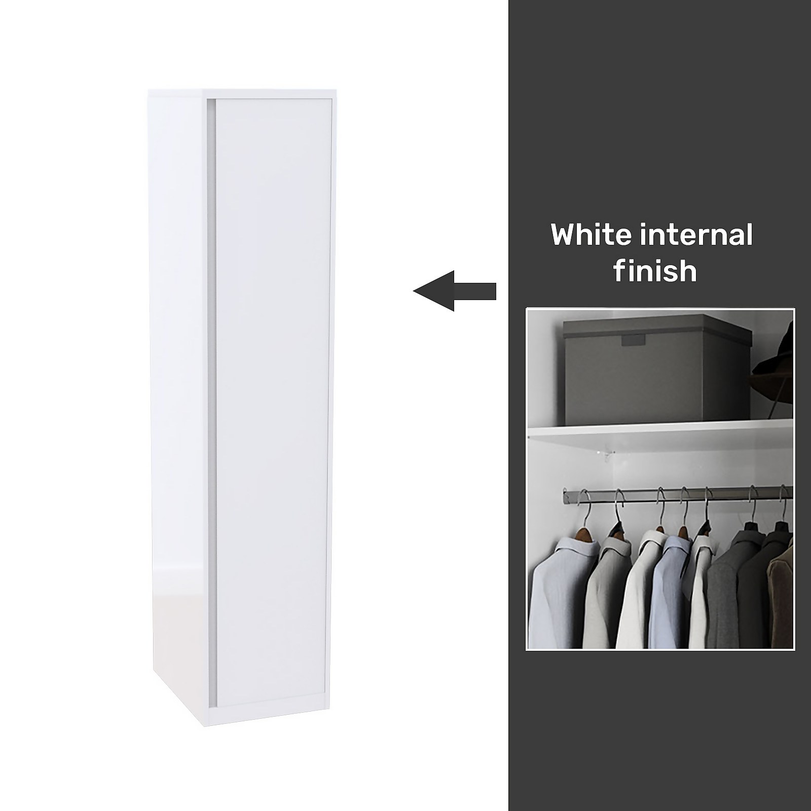 House Beautiful Escape Fitted Look Single Wardrobe, White Carcass - Gloss White Handleless Door (W) 490mm x (H) 2226mm
