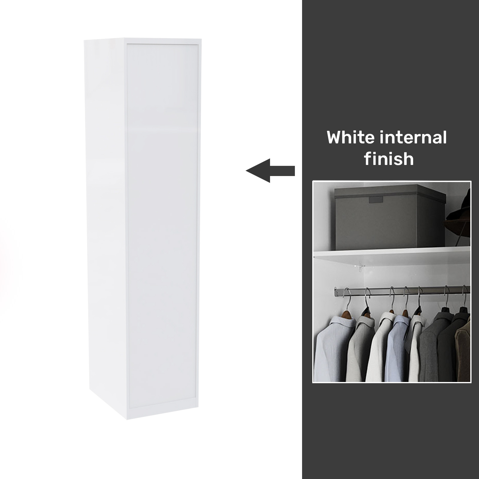 House Beautiful Honest Fitted Look Single Wardrobe, White Carcass - Gloss White Slab Door (W) 490mm x (H) 2226mm