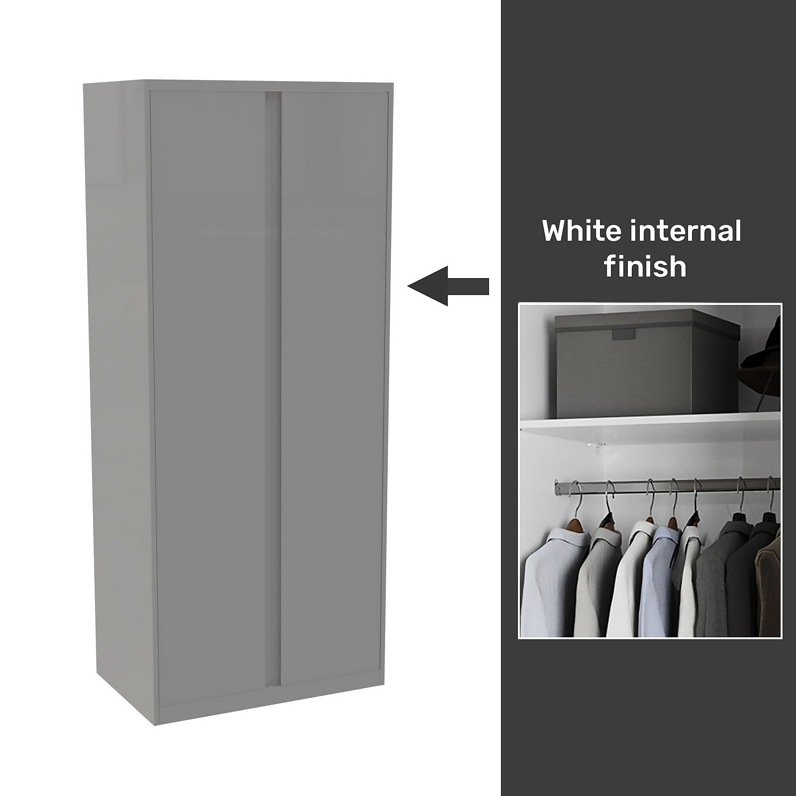 House Beautiful Escape Fitted Look Double Wardrobe, White Carcass - Gloss Grey Handleless Doors (W) 940mm x (H) 2226mm