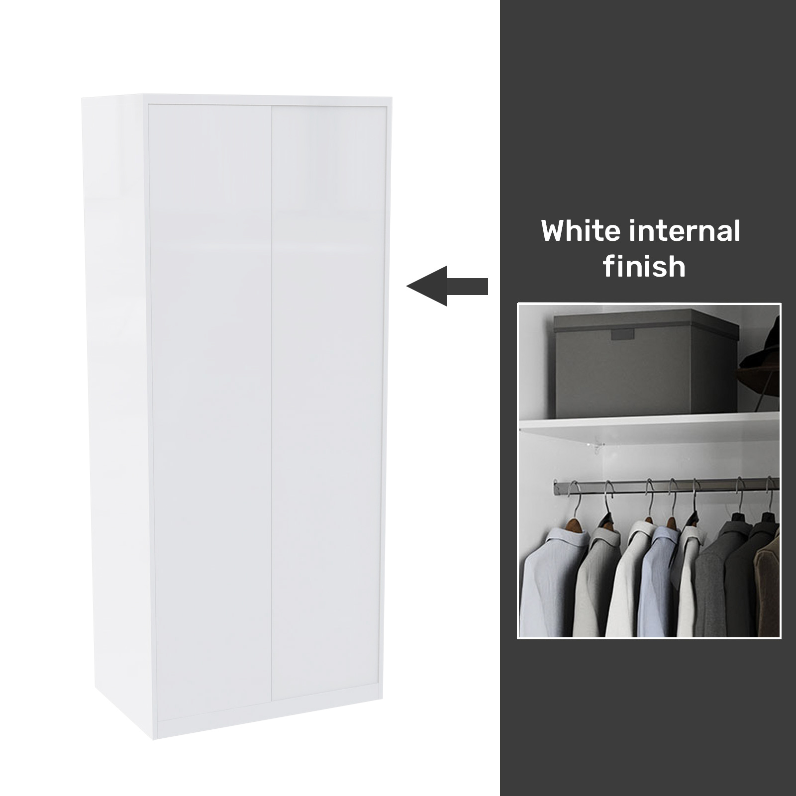 House Beautiful Honest Fitted Look Double Wardrobe, White Carcass - Gloss White Slab Doors (W) 940mm x (H) 2226mm