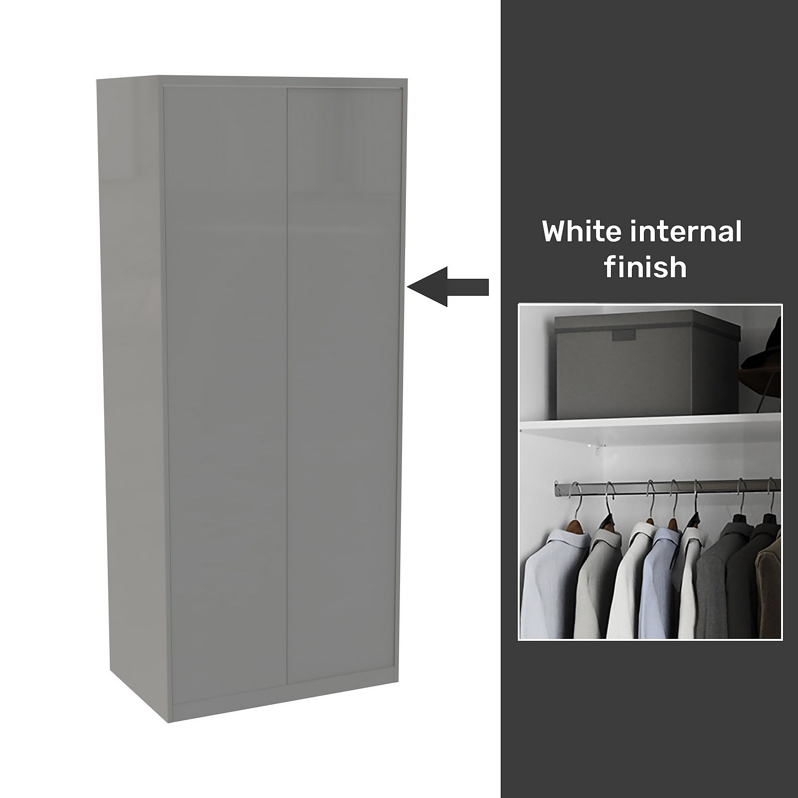 House Beautiful Honest Fitted Look Double Wardrobe, White Carcass - Gloss Grey Slab Doors (W) 940mm x (H) 2226mm