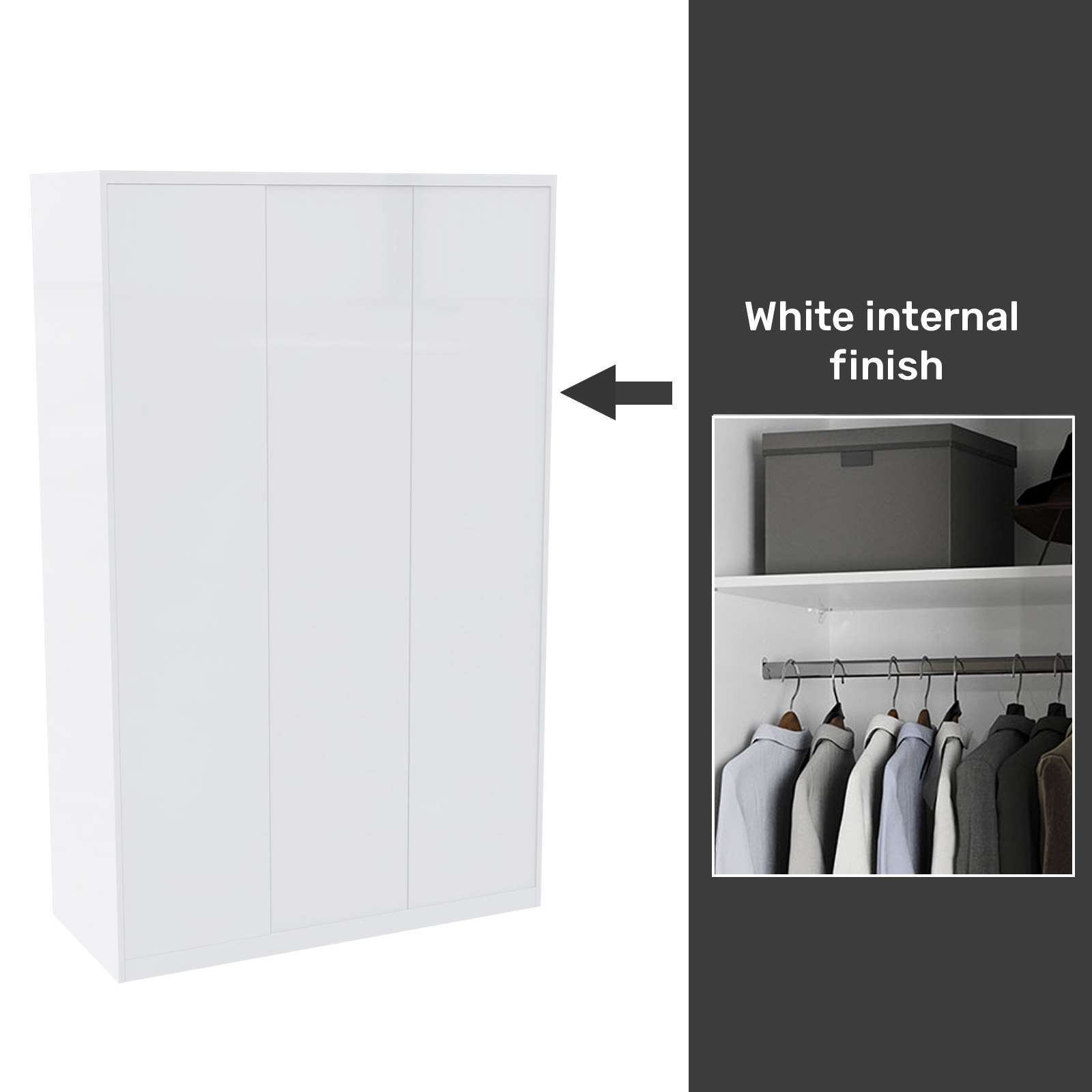 House Beautiful Honest Fitted Look Triple Wardrobe, White Carcass - Gloss White Slab Doors (W) 1390mm x (H) 2226mm