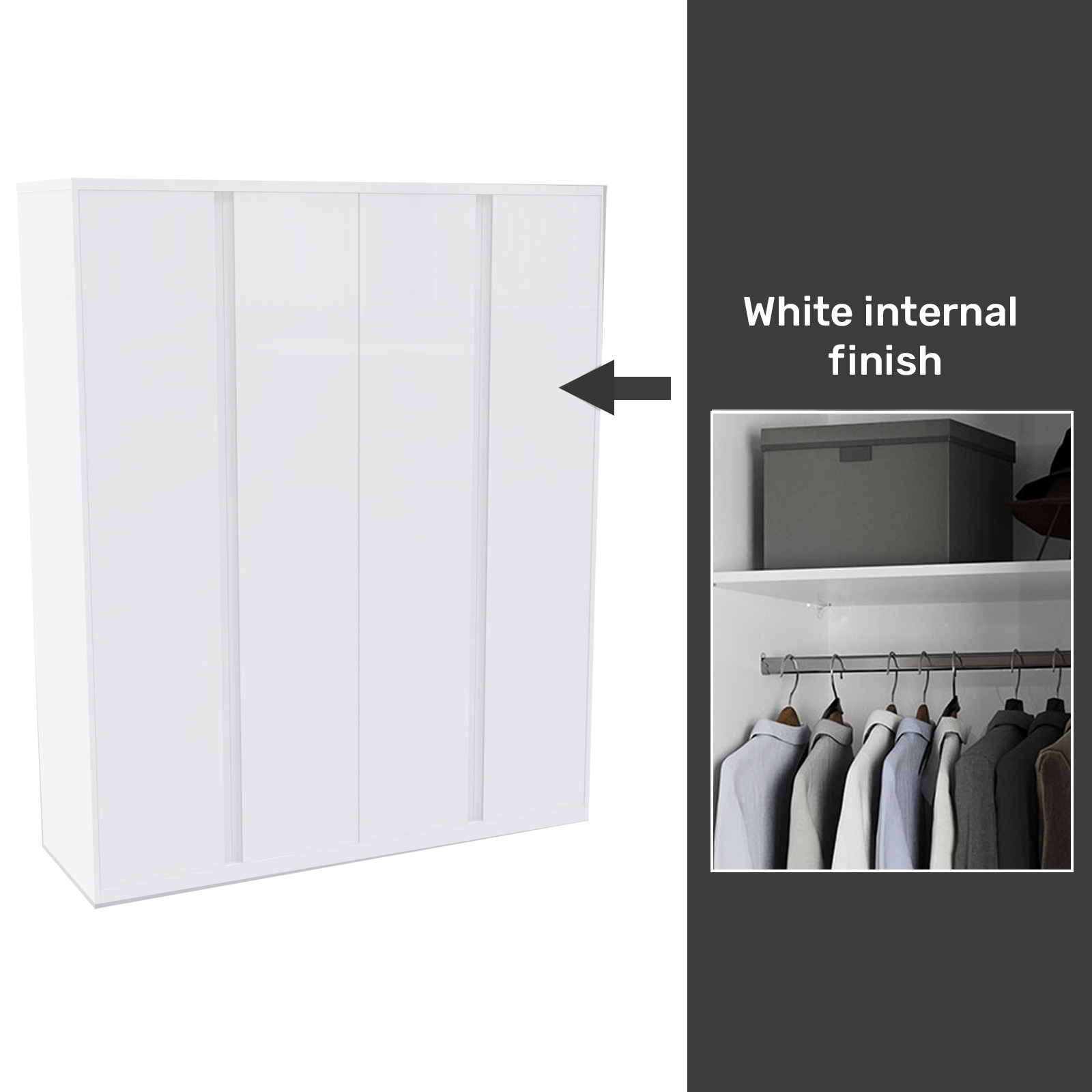 House Beautiful Escape Fitted Look Quad Wardrobe, White Carcass - Gloss White Handleless Doors (W) 1840mm x (H) 2226mm