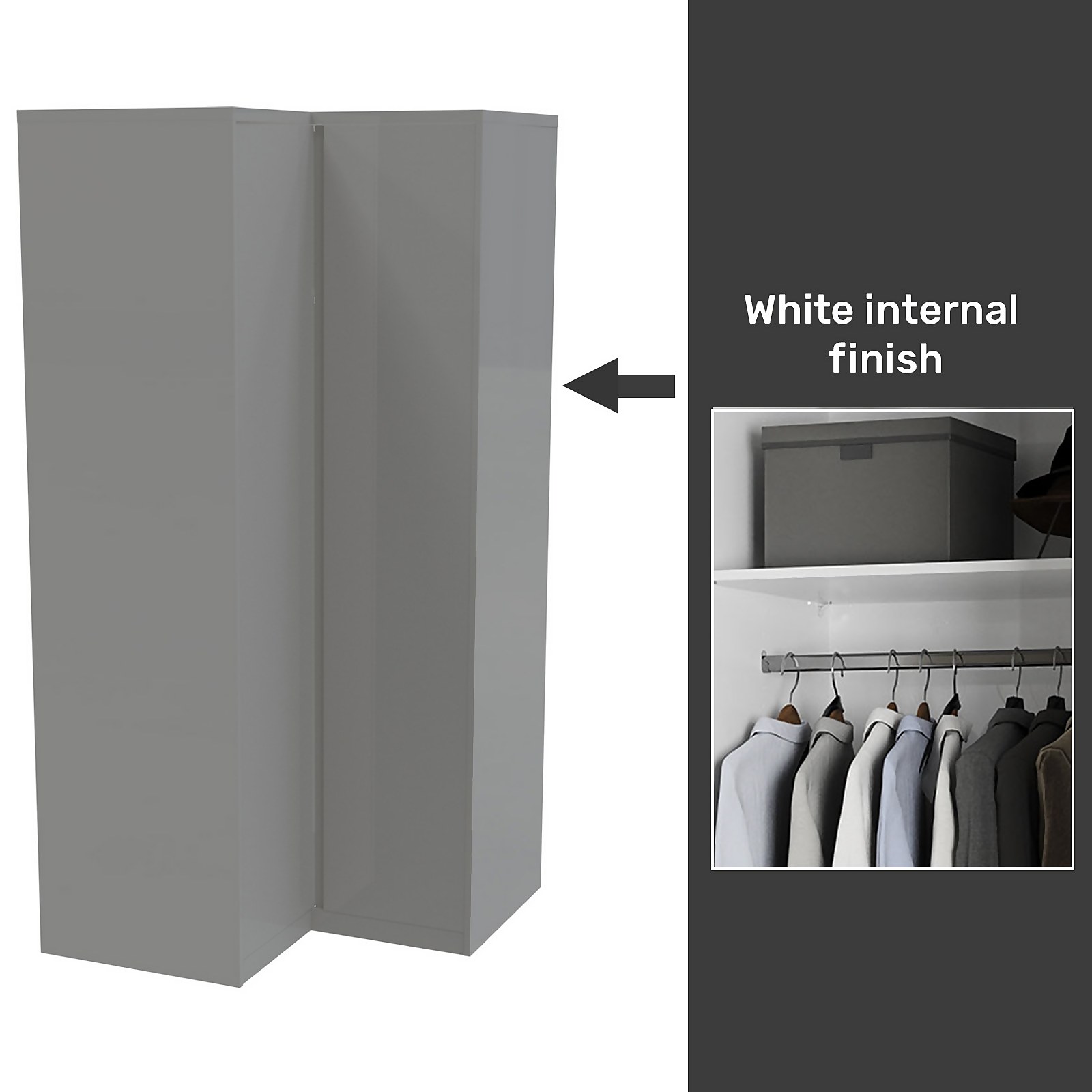 House Beautiful Escape Fitted Look Corner Wardrobe, White Carcass - Gloss Grey Handleless Doors (W) 1073mm x (H) 2226mm