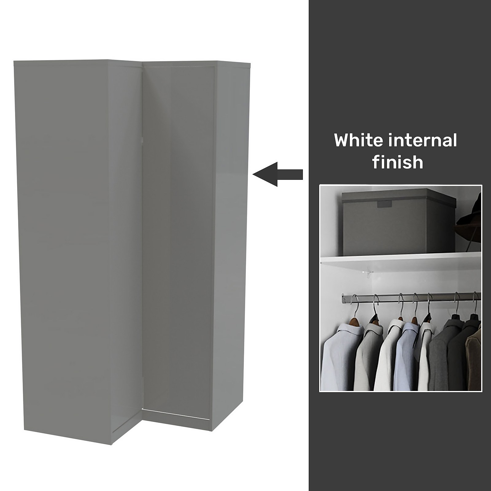 House Beautiful Honest Fitted Look Corner Wardrobe, White Carcass - Gloss Grey Slab Doors (W) 1073mm x (H) 2226mm