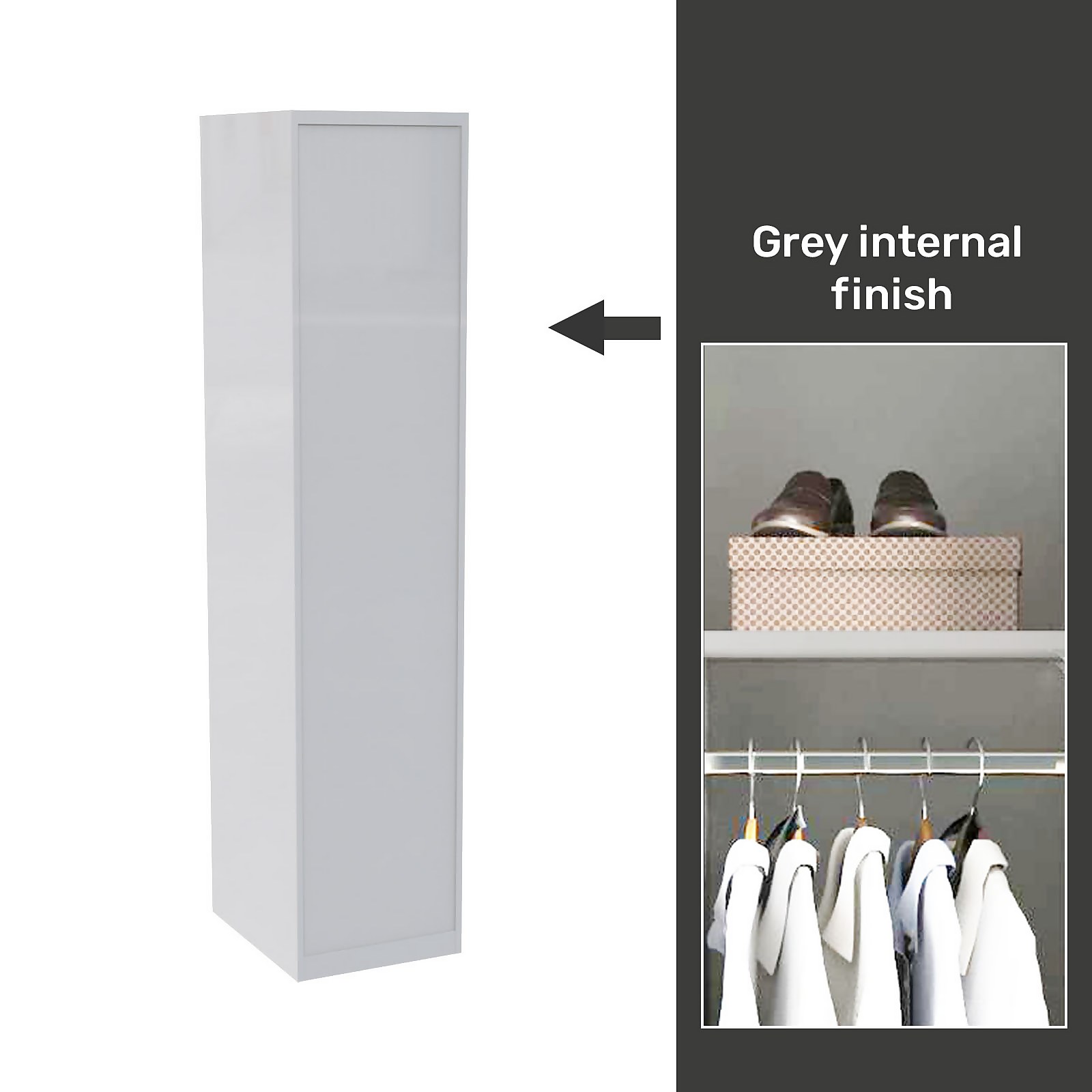 House Beautiful Honest Fitted Look Single Wardrobe, Grey Carcass - Gloss White Slab Door (W)490mm x (H)2226mm