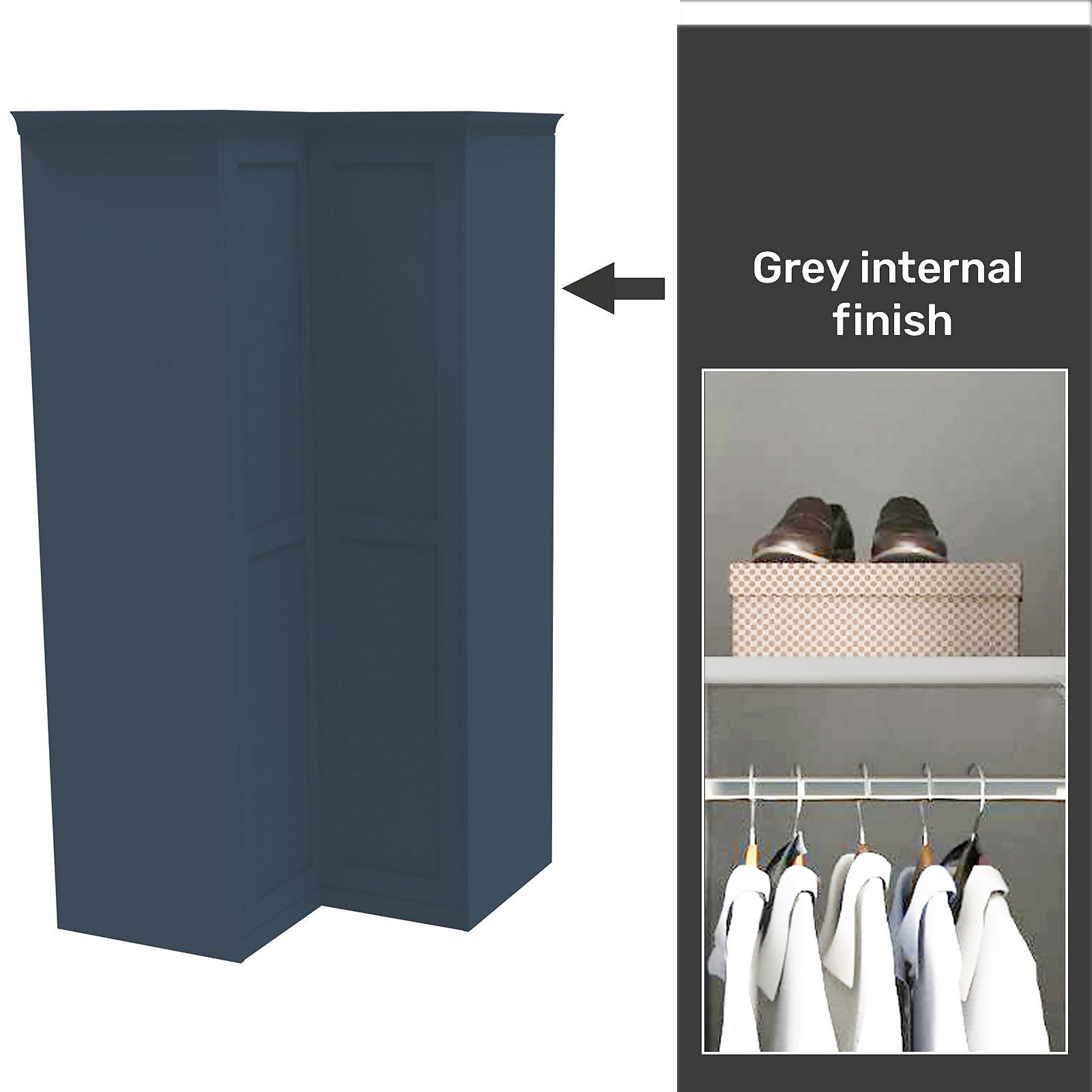 House Beautiful Realm Fitted Look Corner Wardrobe, Grey Carcass - Navy Blue Shaker Doors (W)1103mm x (H)2256mm thumbnail
