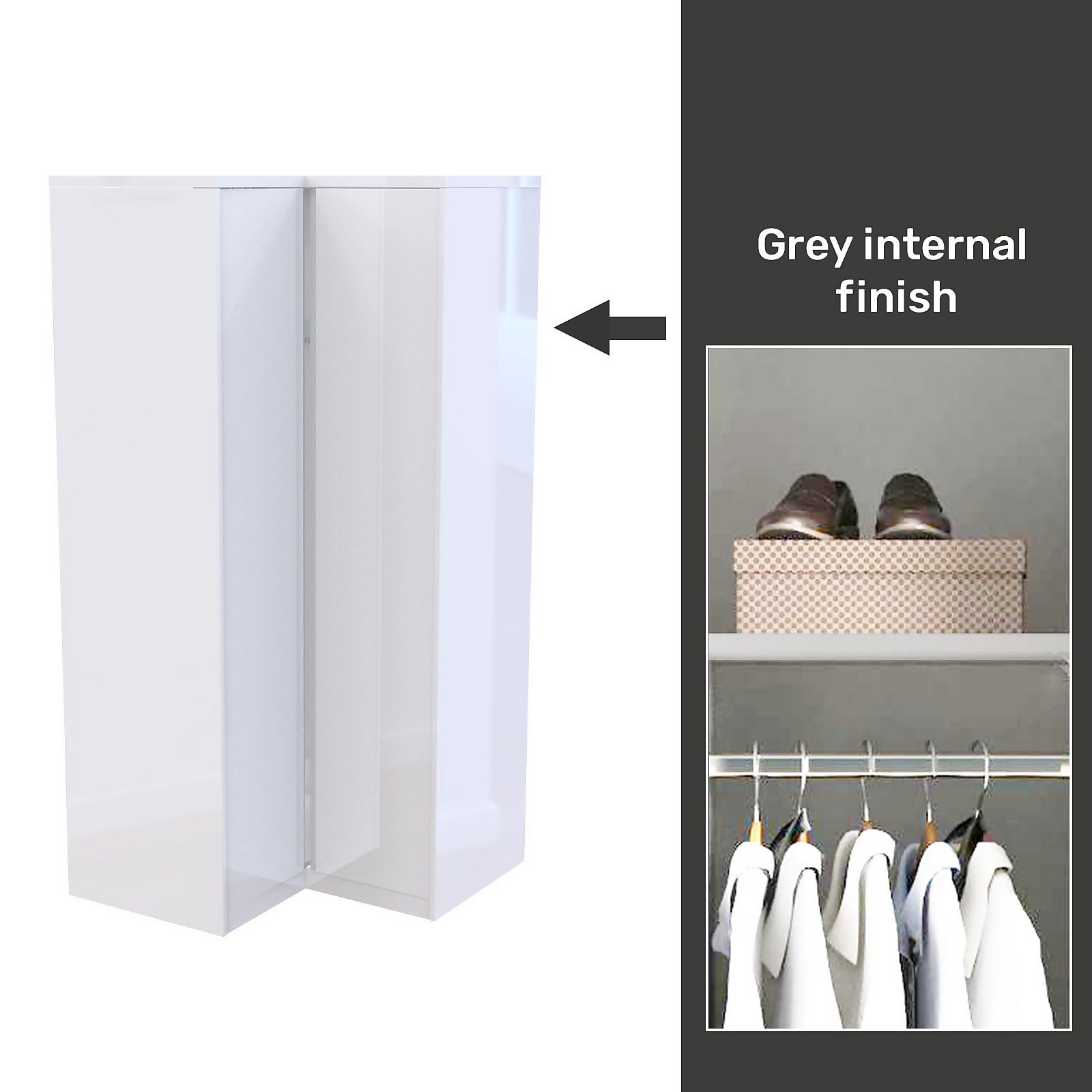House Beautiful Escape Fitted Look Corner Wardrobe, Grey Carcass - Gloss White Handleless Doors (W)1073mm x (H)2226mm thumbnail