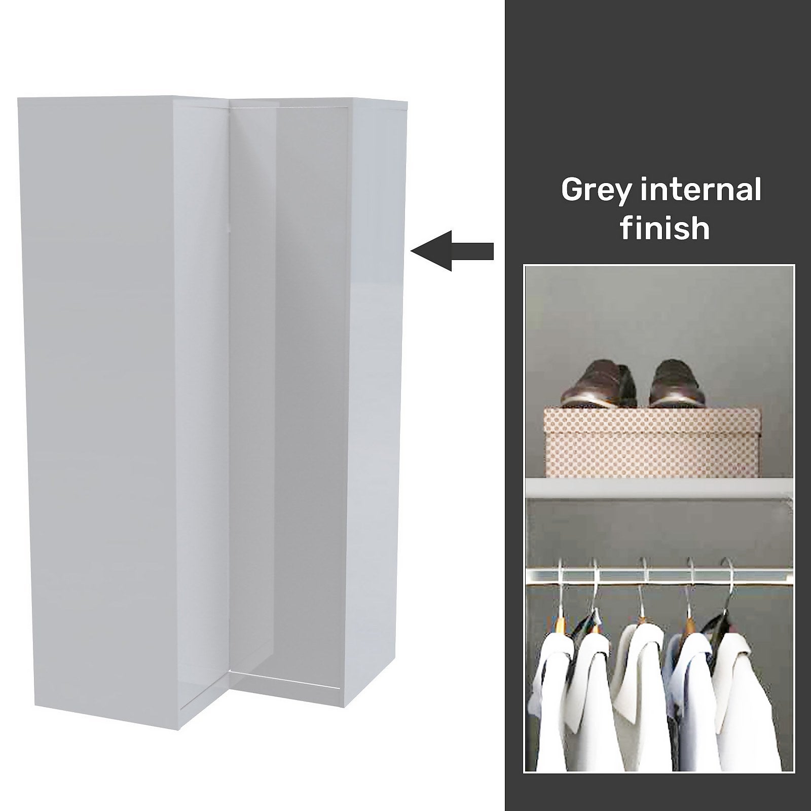 House Beautiful Honest Fitted Look Corner Wardrobe, Grey Carcass - Gloss White Slab Doors (W)1073mm x (H)2226mm thumbnail