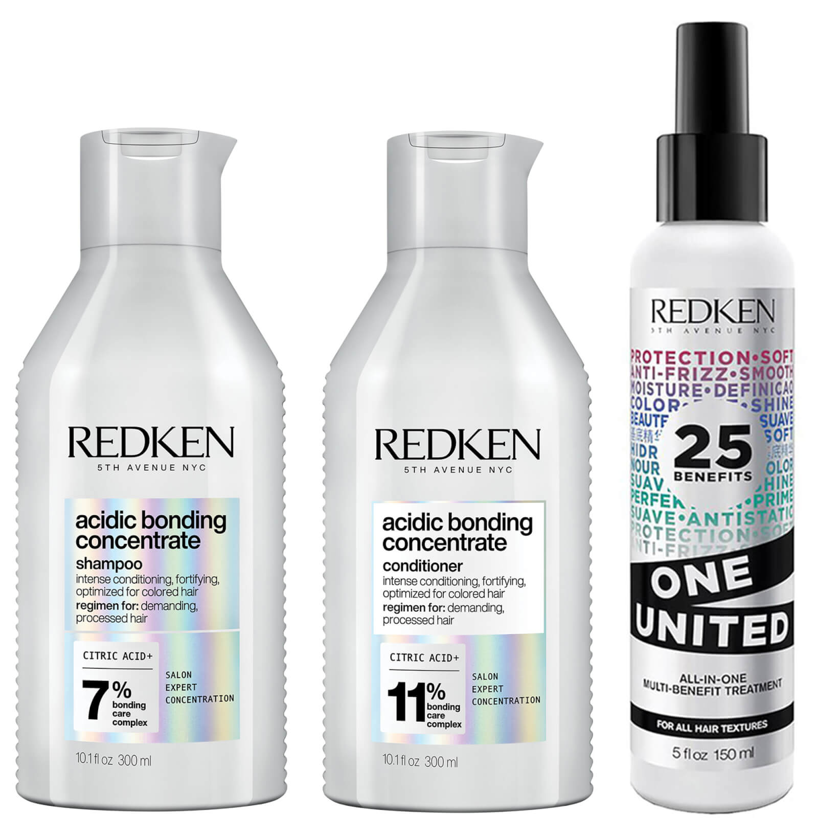 Redken Acidic Bonding Concentrate Shampoo, Conditioner and One United Multi-Benefit Leave-in Treatme