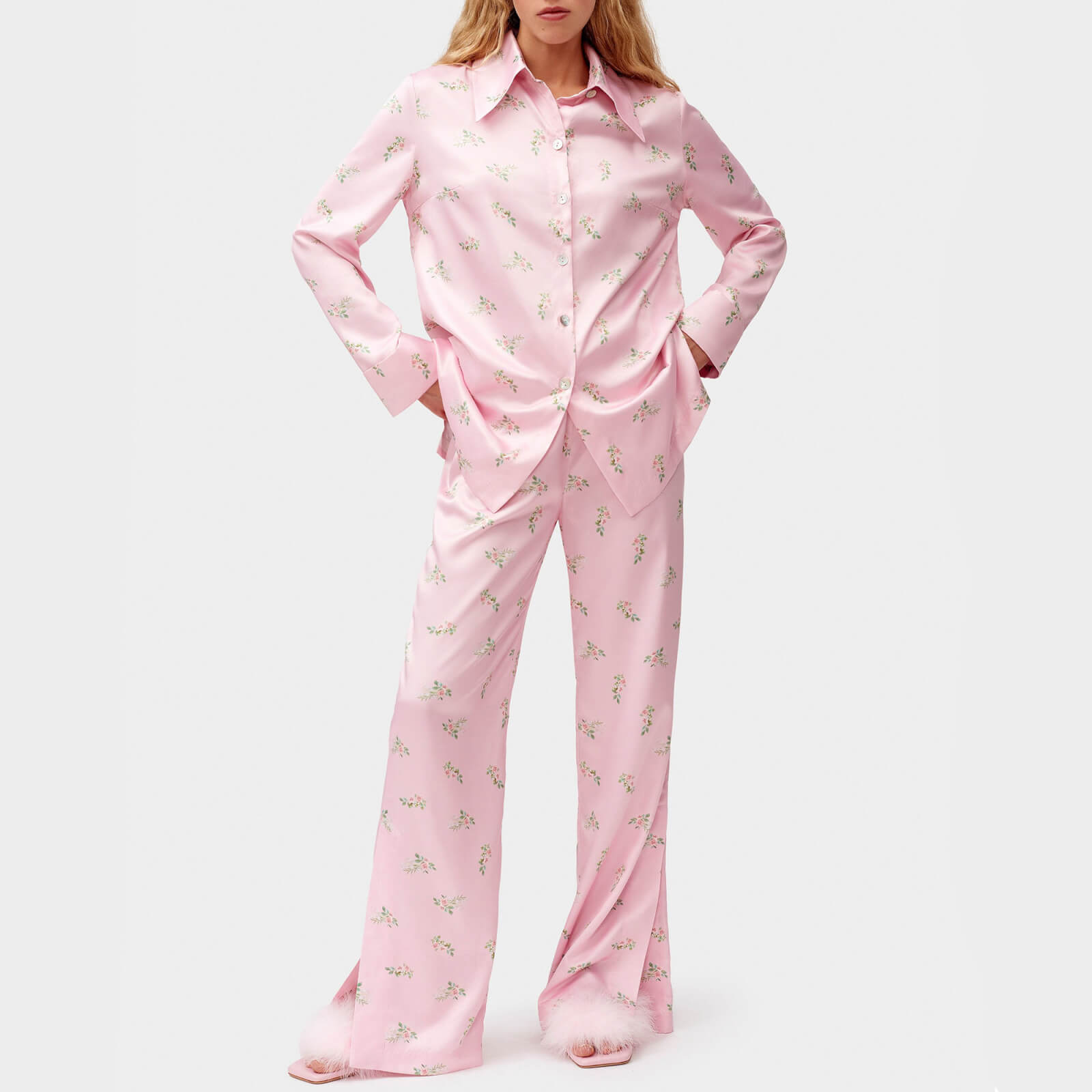 Sleeper Blossom Floral-Printed Satin Lounge Shirt - S