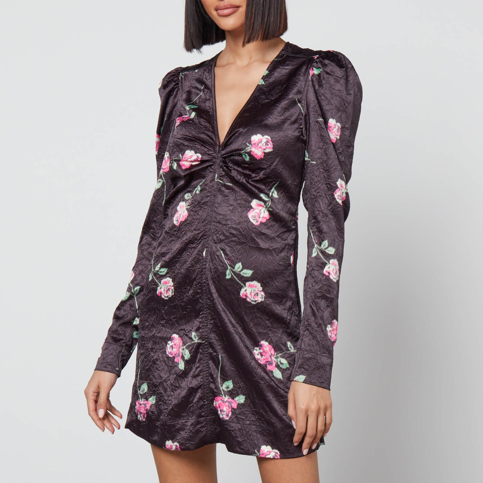 Ganni Floral-Print Crinkled Satin Mini Dress - EU 34/UK 6