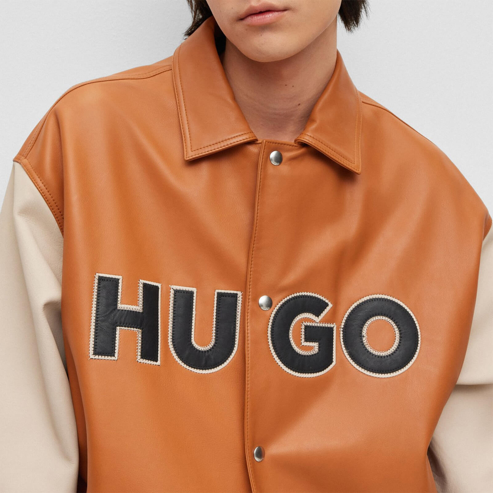 hugo luganos colour-block leather letterman jacket - m