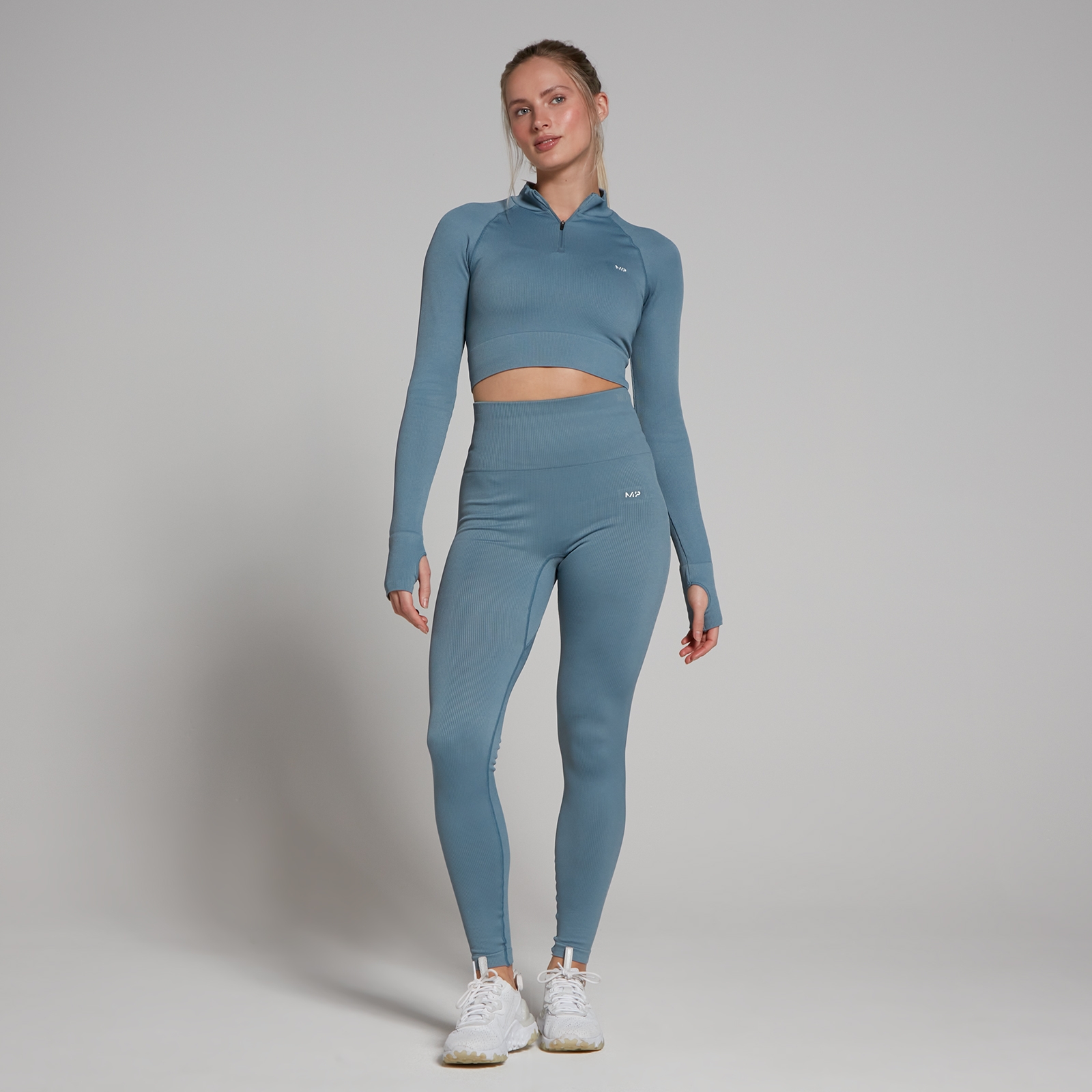 5059883240268 - Damen Tempo Rib Nahtloses Croptop mit 1 4-Reißverschluss – Graphitblau - XXL