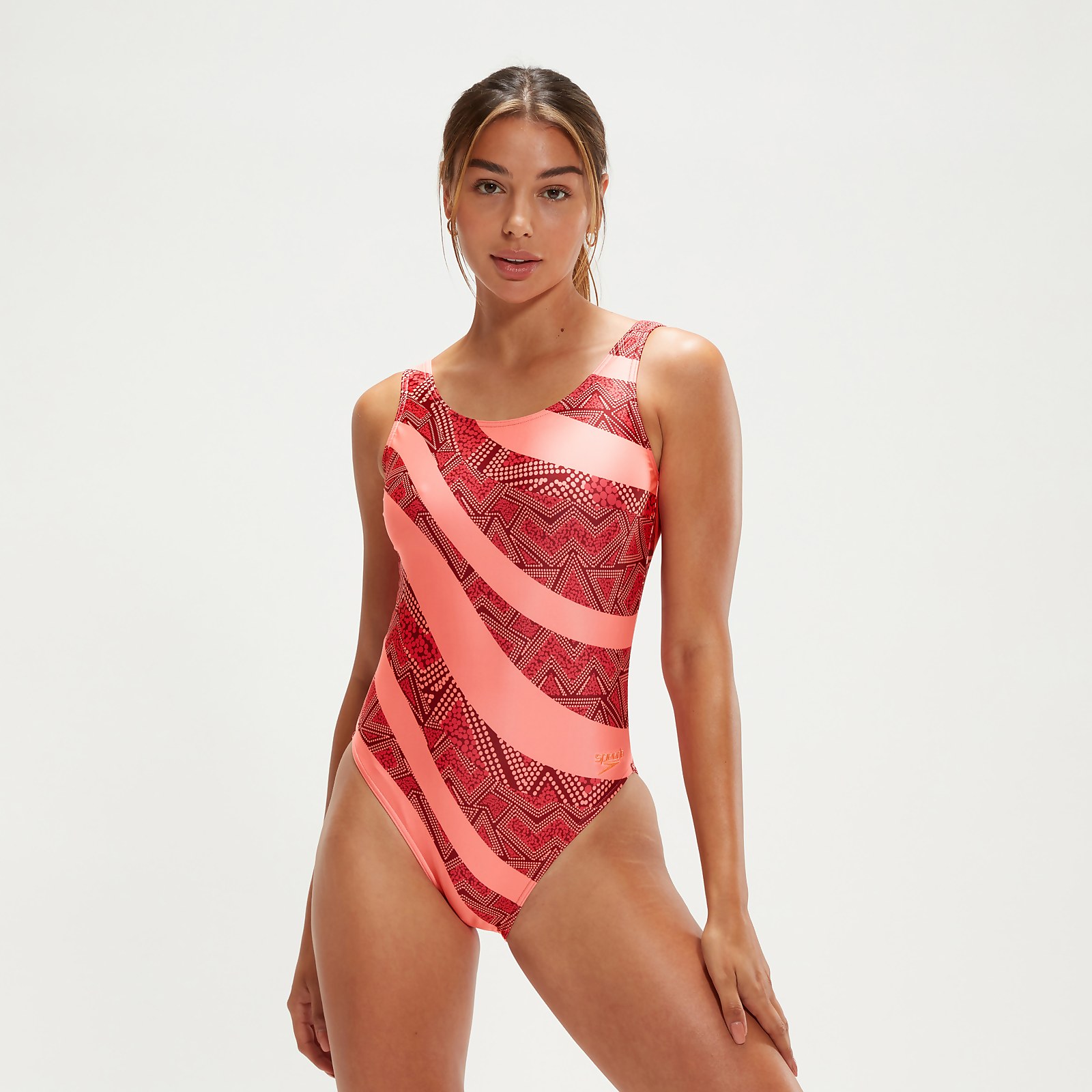 Women's Printed Deep U-Back Swimsuit Oxblood/Coral