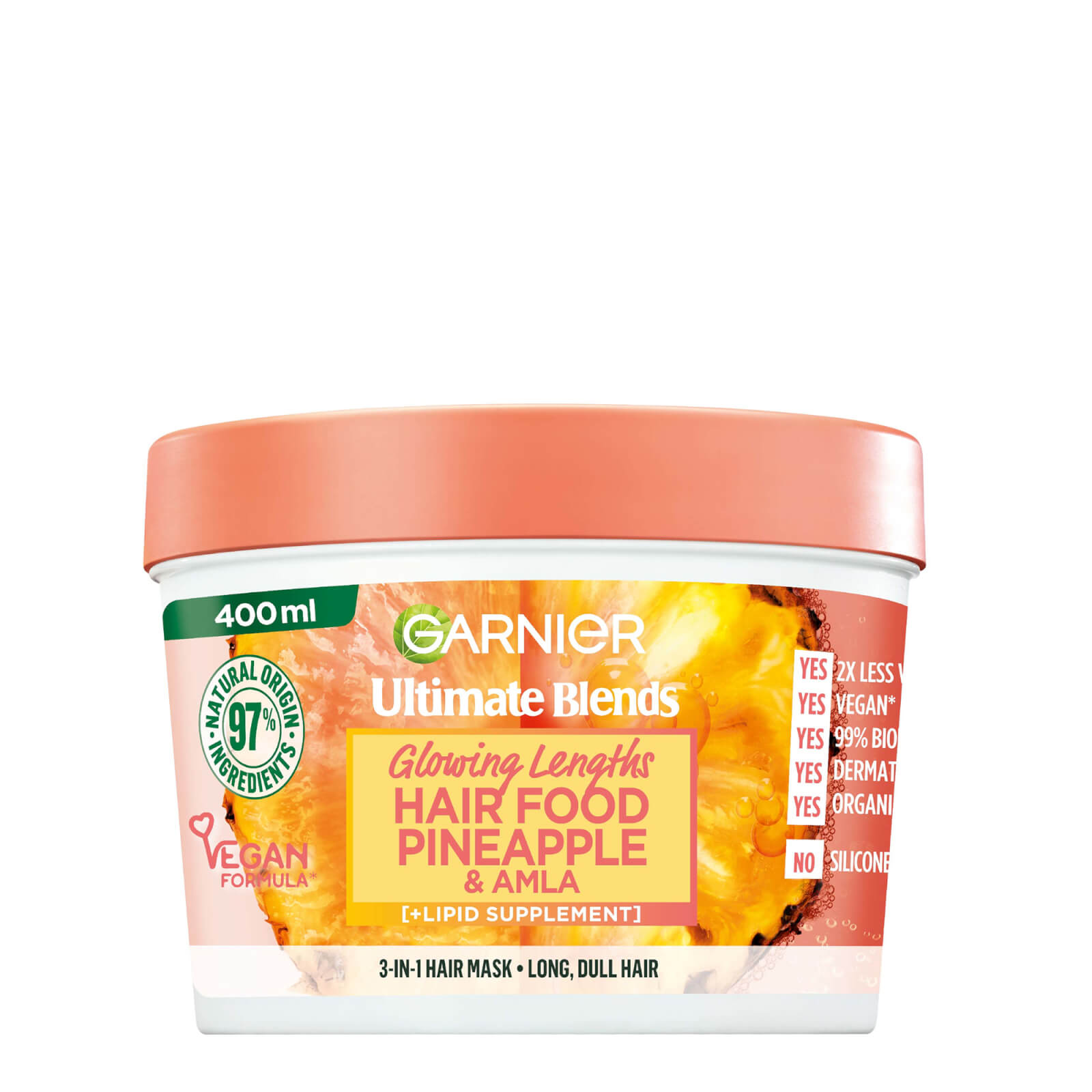 Garnier Ultimate Blends Glowing Lengths Pineapple And Amla Hair Food 3-in-1 Hair Mask Treatment 400ml In White