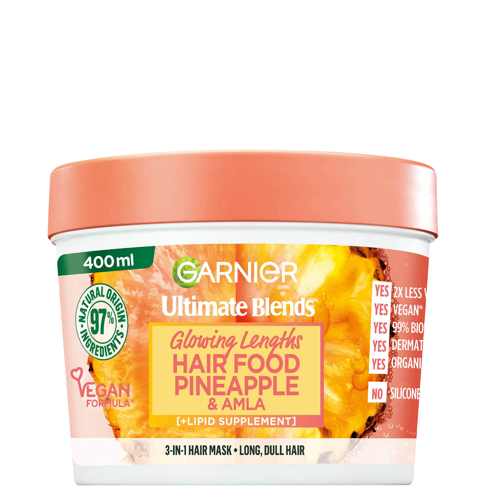 

Garnier Ultimate Blends Glowing Lengths Pineapple and Amla Hair Food 3-in-1 Hair Mask Treatment 400ml