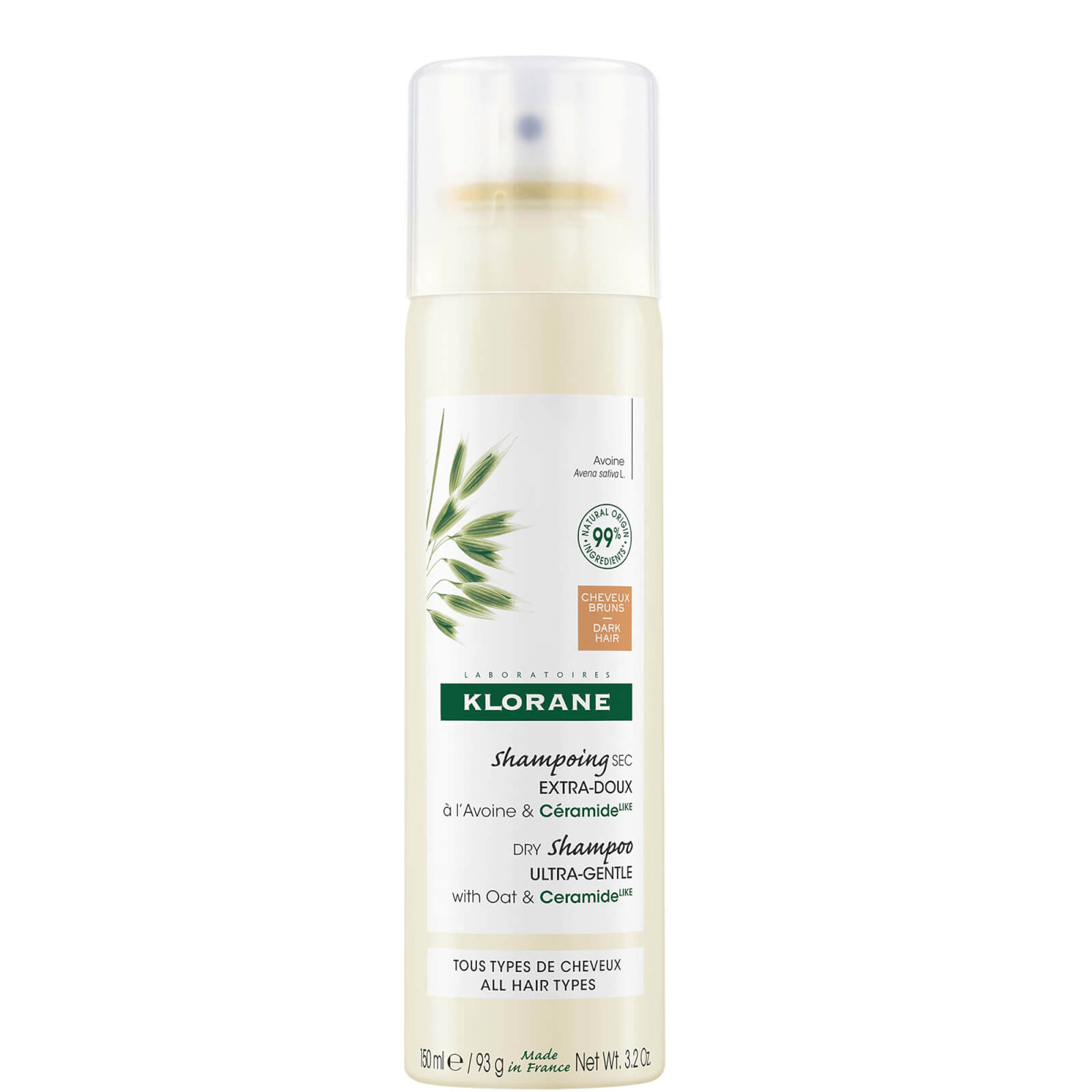 Klorane Extra-gentle Tinted Dry Shampoo For Brown To Dark Hair With Oat And Ceramide 150ml In White