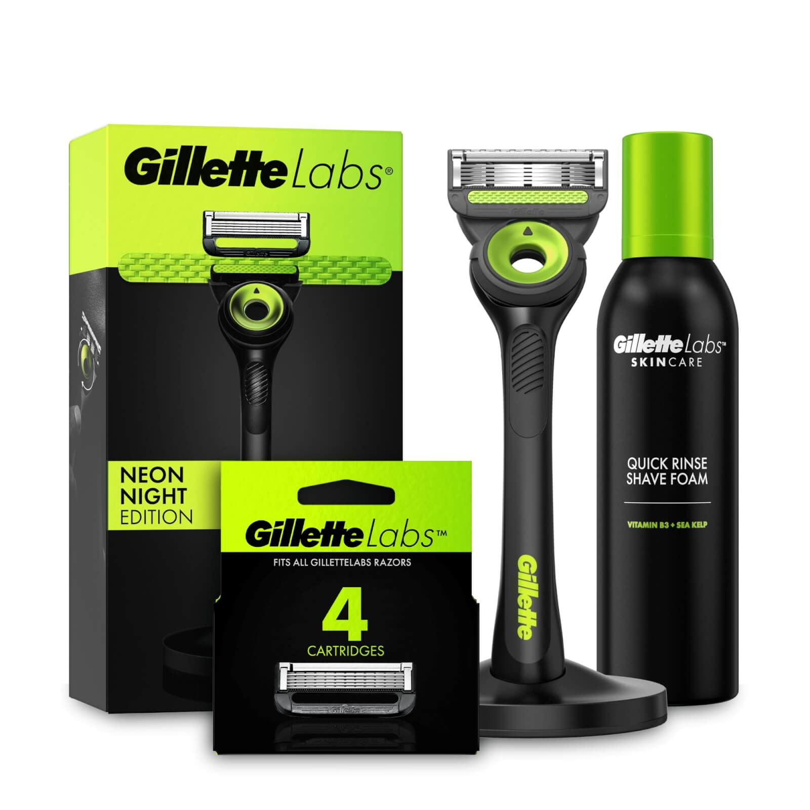 Gillette Labs Neon Night Razor  Shaving Foam  Moisturiser and 4 Blade Refills