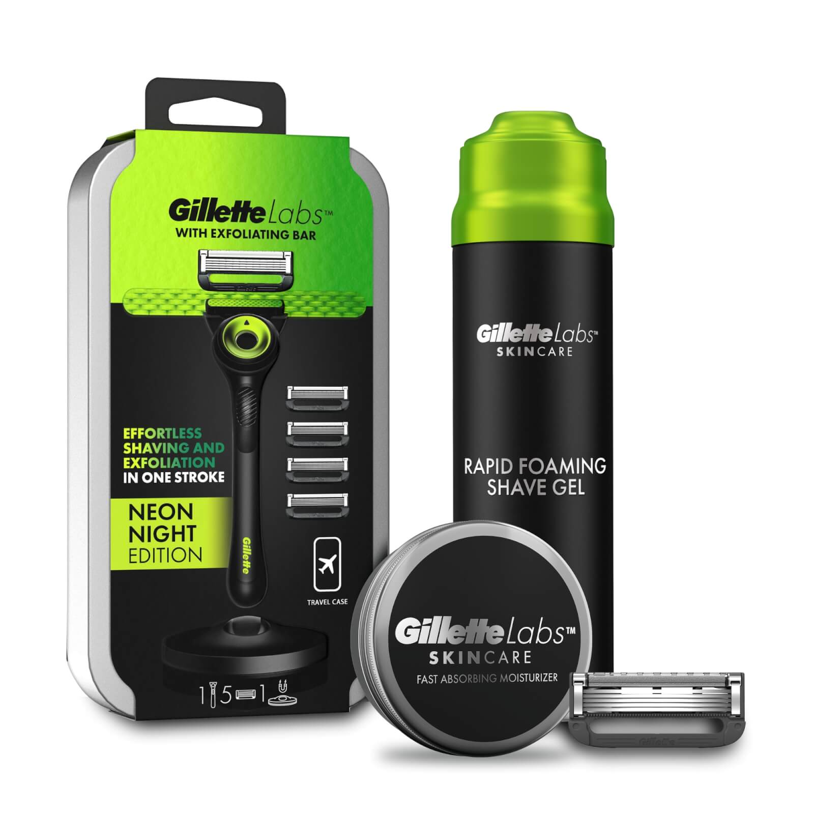 Gillette Labs Neon Night Razor  Travel Case  4 Blade Refills  Shaving Gel  Moisturiser