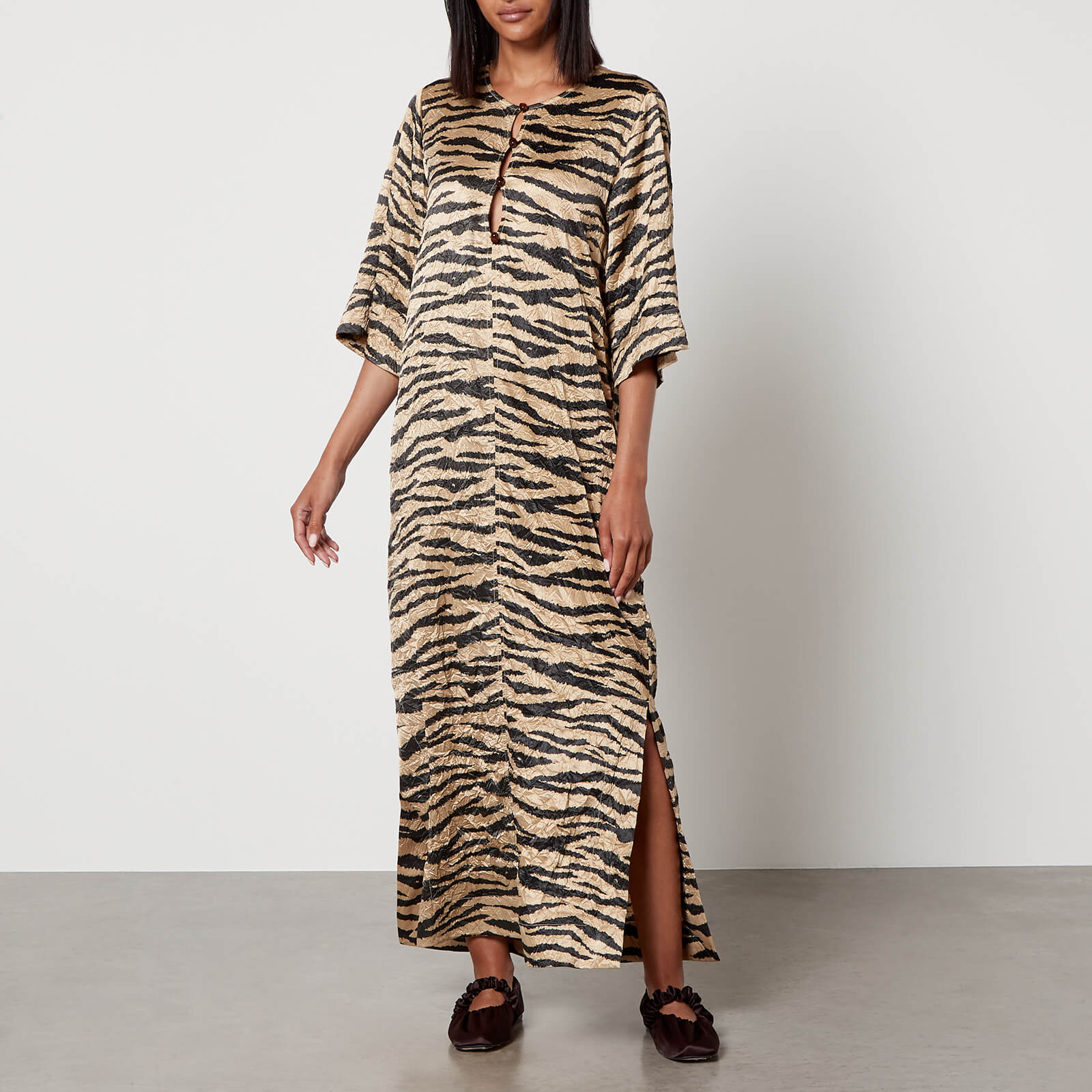 Ganni Tiger-Print Crinkled-Satin Maxi Dress - EU 36/UK 8