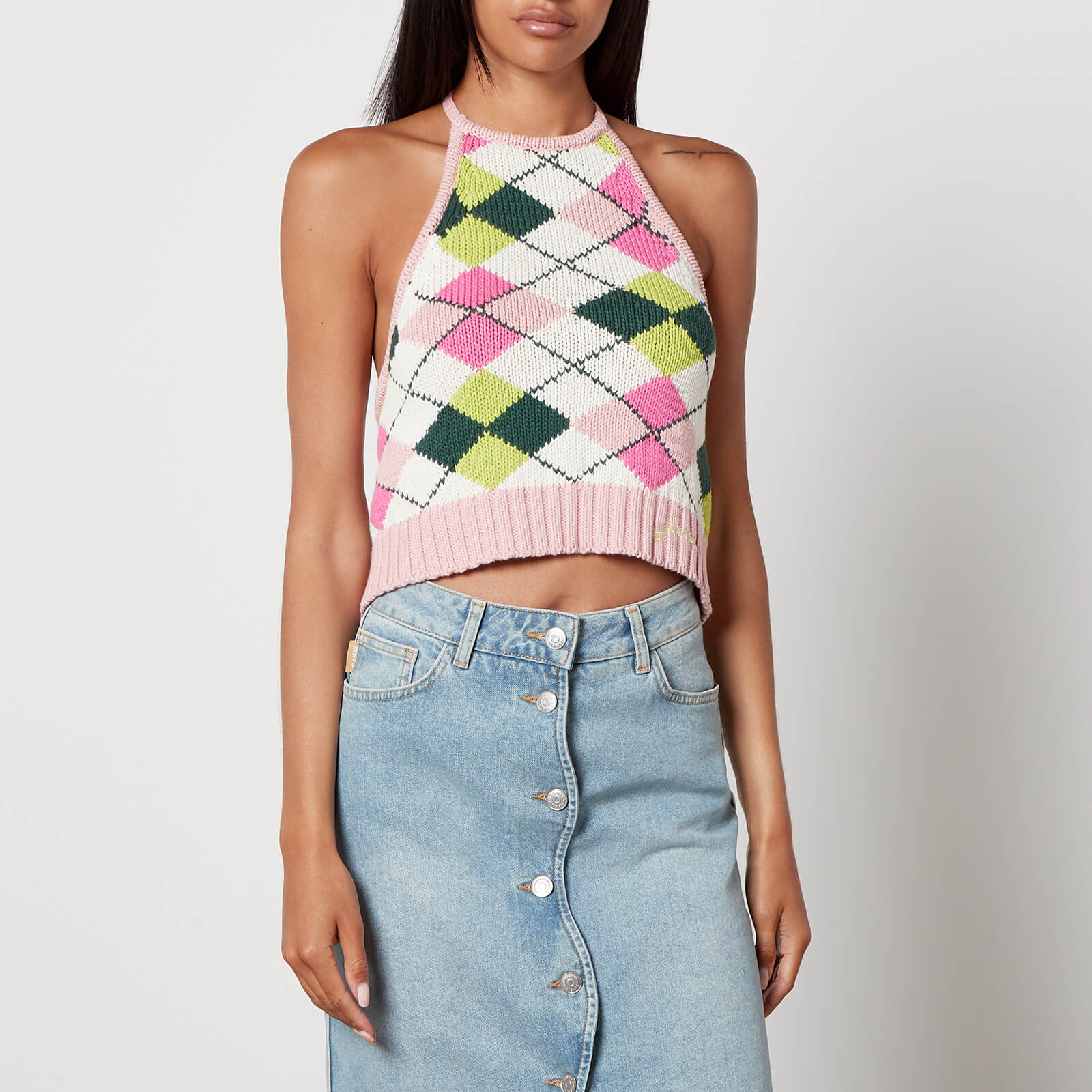Ganni Intarsia-Knit Cotton Halterneck Top - L