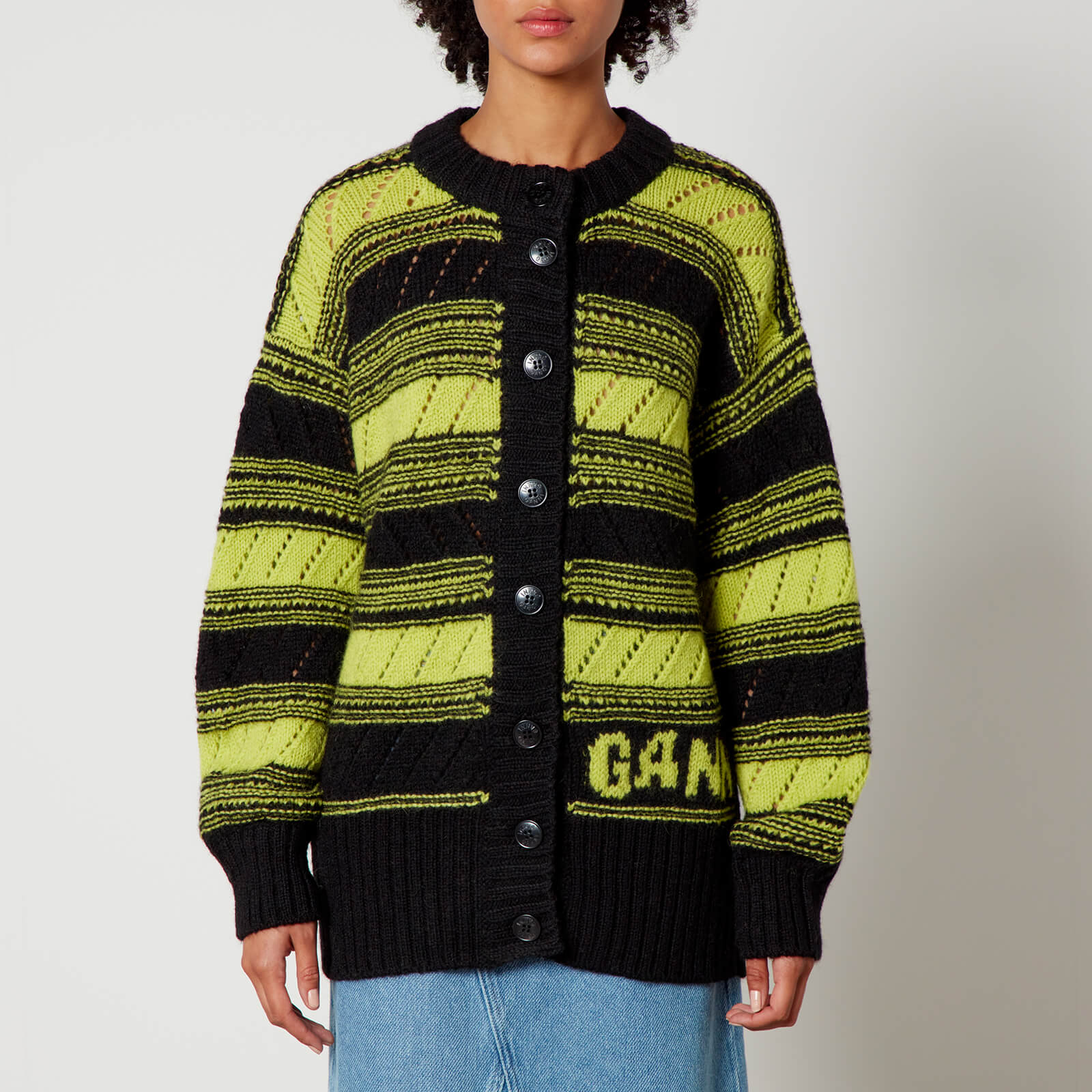Ganni Striped Organic Wool Cardigan - XS