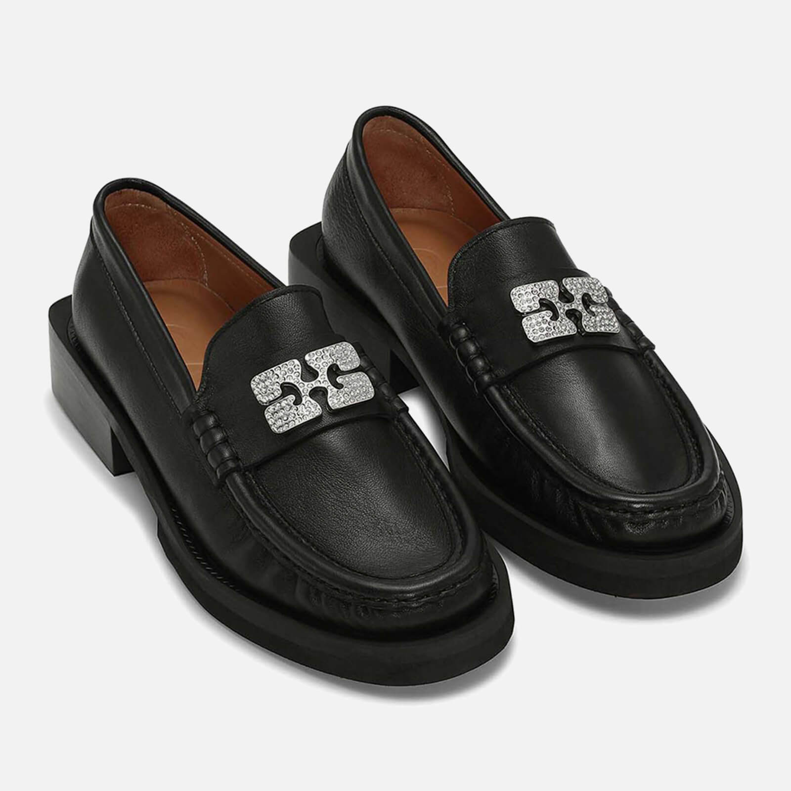 Ganni Women's Rhinestone Logo Leather Loafers - Black - UK 3