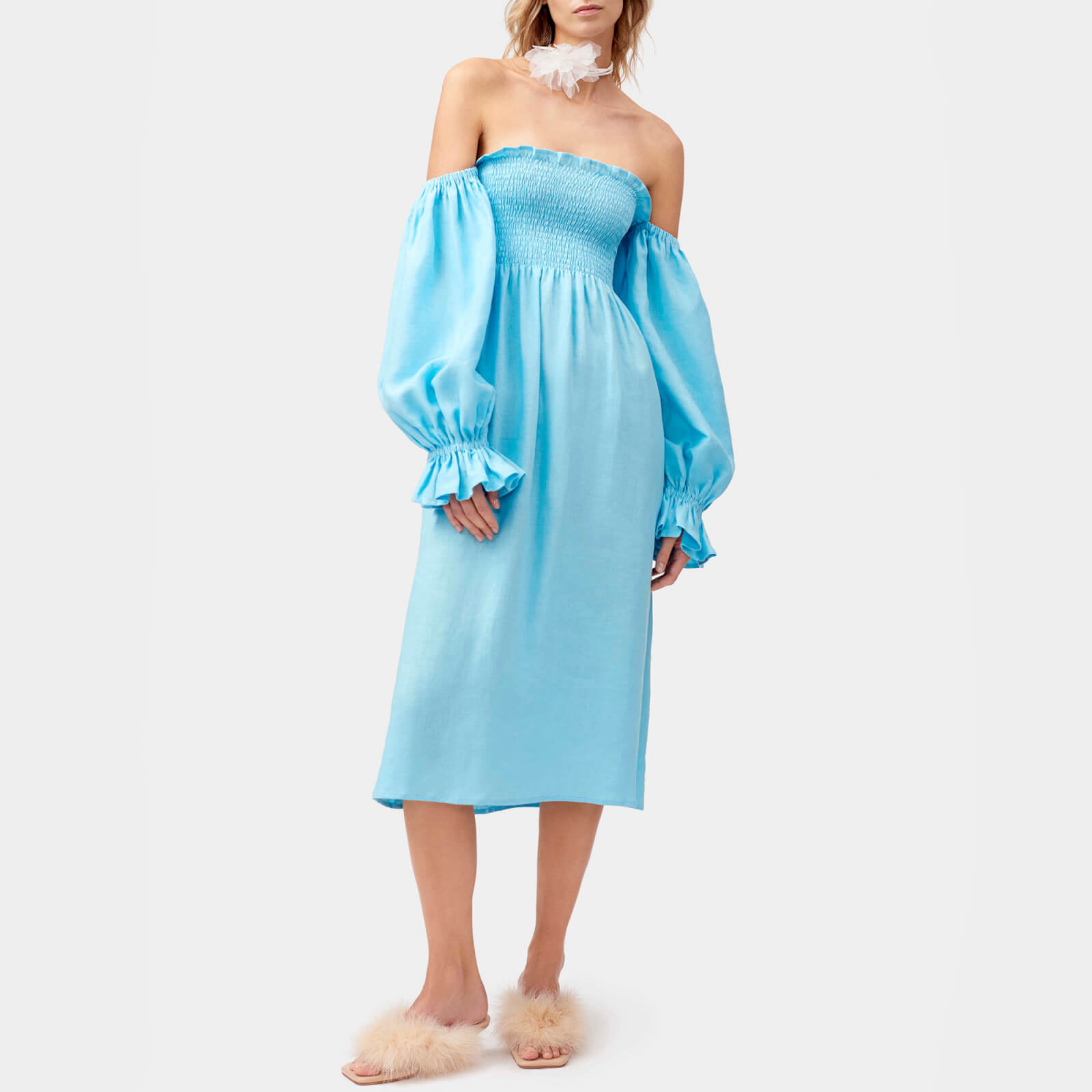 Sleeper Atlanta Shirred Linen Off-The-Shoulder Dress - XS