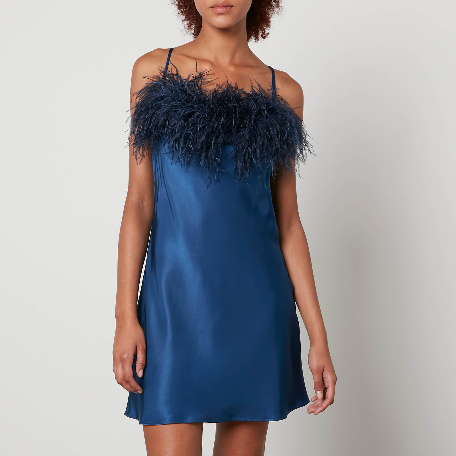 Sleeper Boheme Feather-Trimmed Satin Mini Dress - S