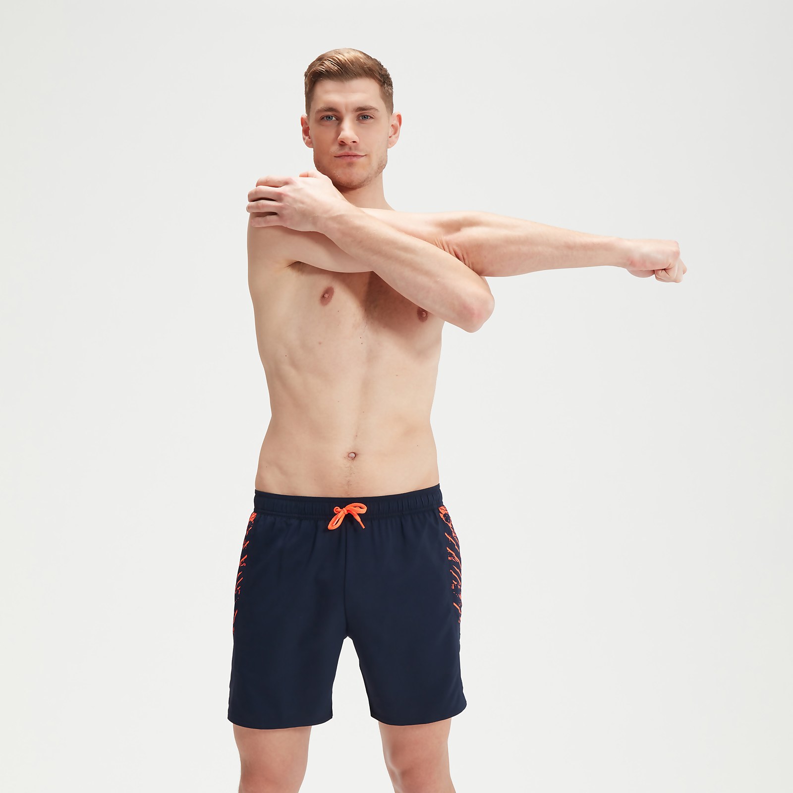 Bedruckte Sport-Schwimmshorts 40 cm für Herren Marineblau/Orange