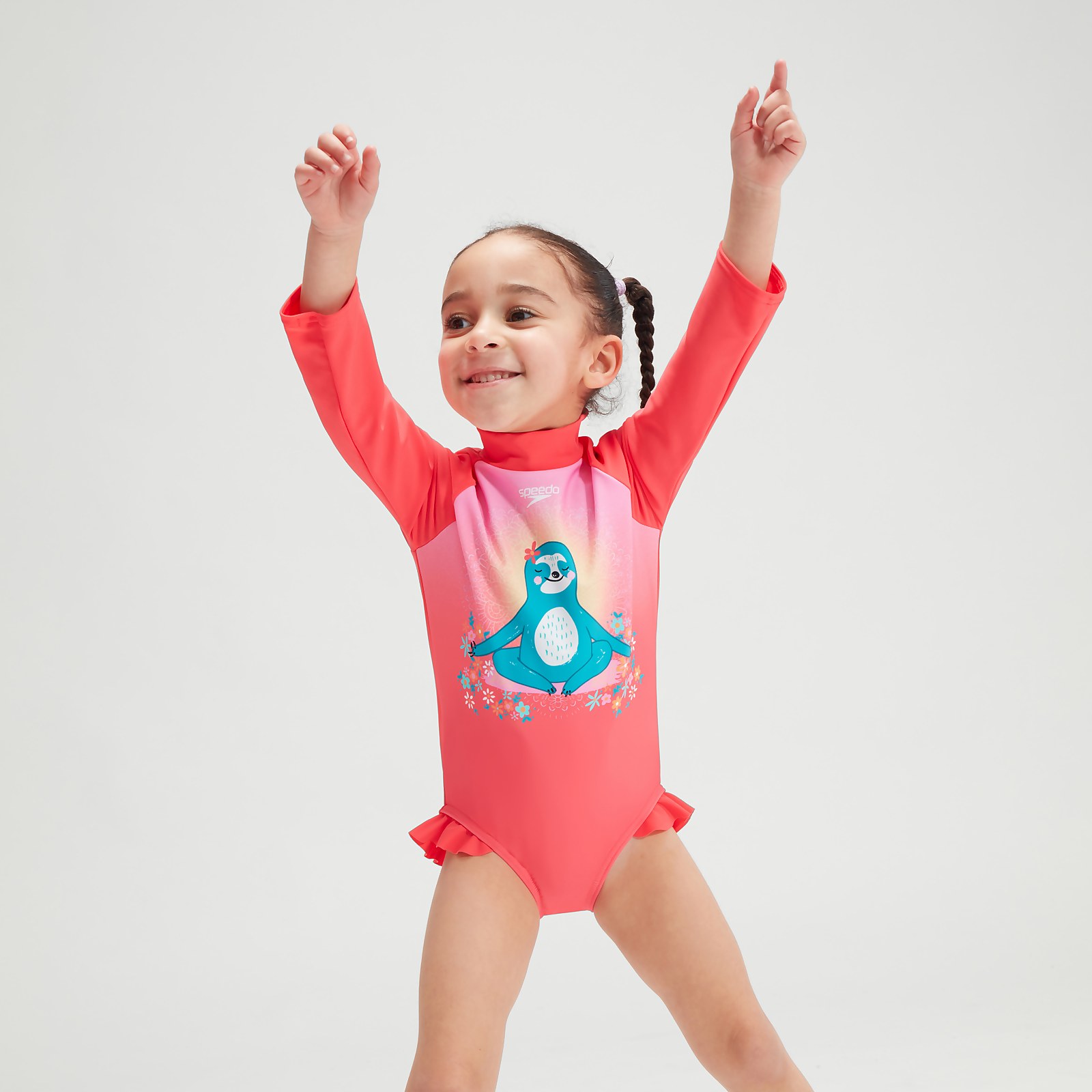 Langärmliger Digital-Rüschen-Badeanzug für Mädchen im Kleinkindalter Pink/Koralle