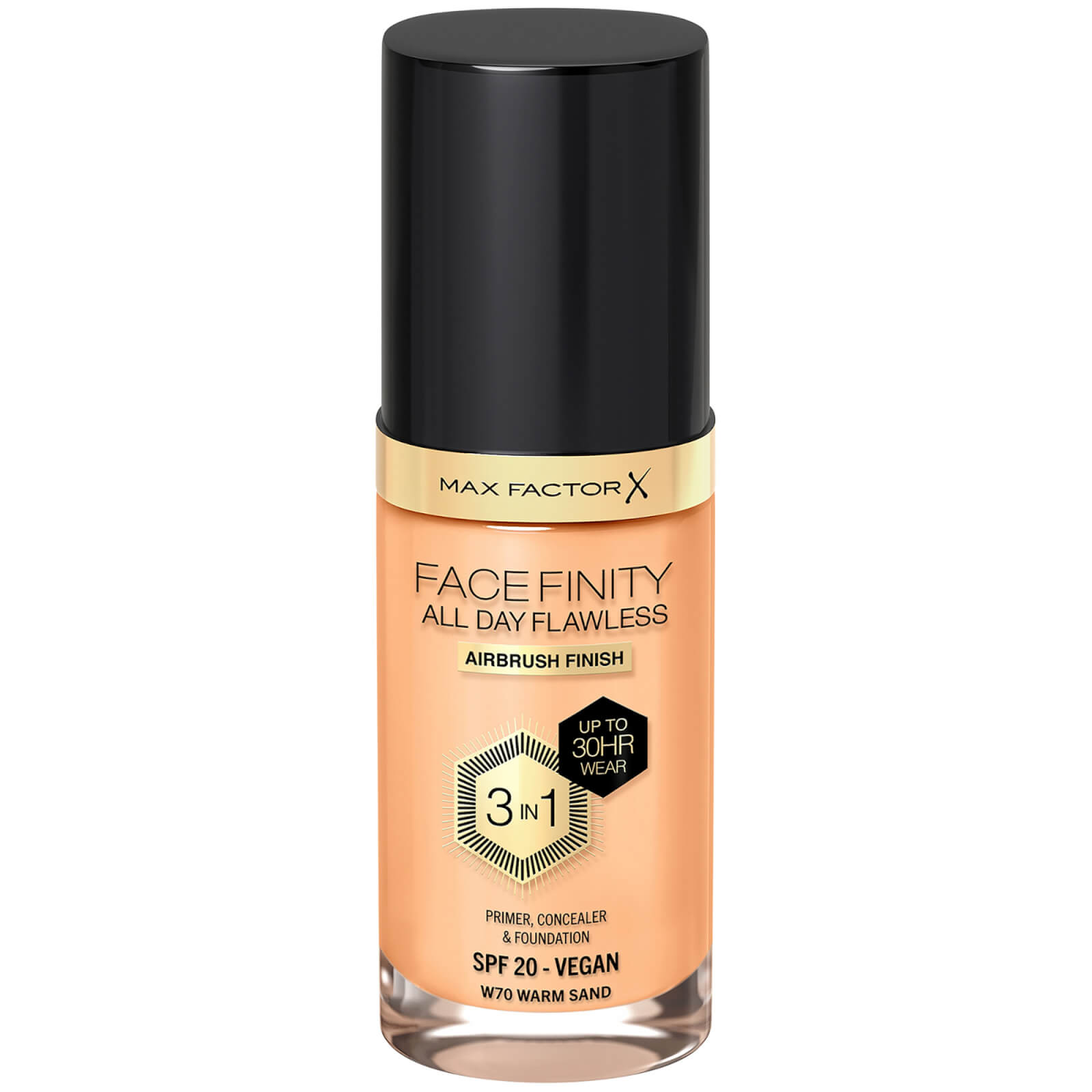 Max Factor Facefinity All Day Flawless 3 In 1 Vegan Foundation 30ml (various Shades) - W70 - Warm Sand In White