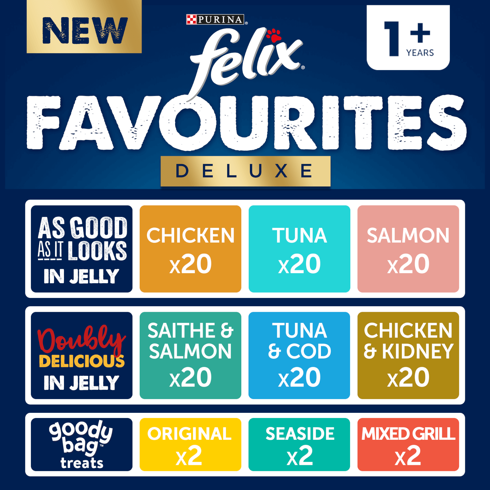 Image of Felix Favourites Pre-Mixed Deluxe Bundle Adult Wet Cat Food 120x100g + 6 Goody Bag Treats