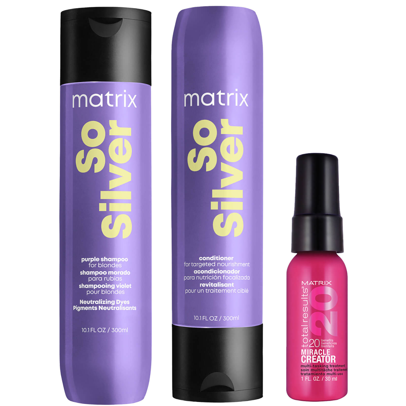 Image of Matrix So Silver Shampoo, Conditioner and Miracle Creator 20 Travel Size for Blonde, Silver and Grey Hair