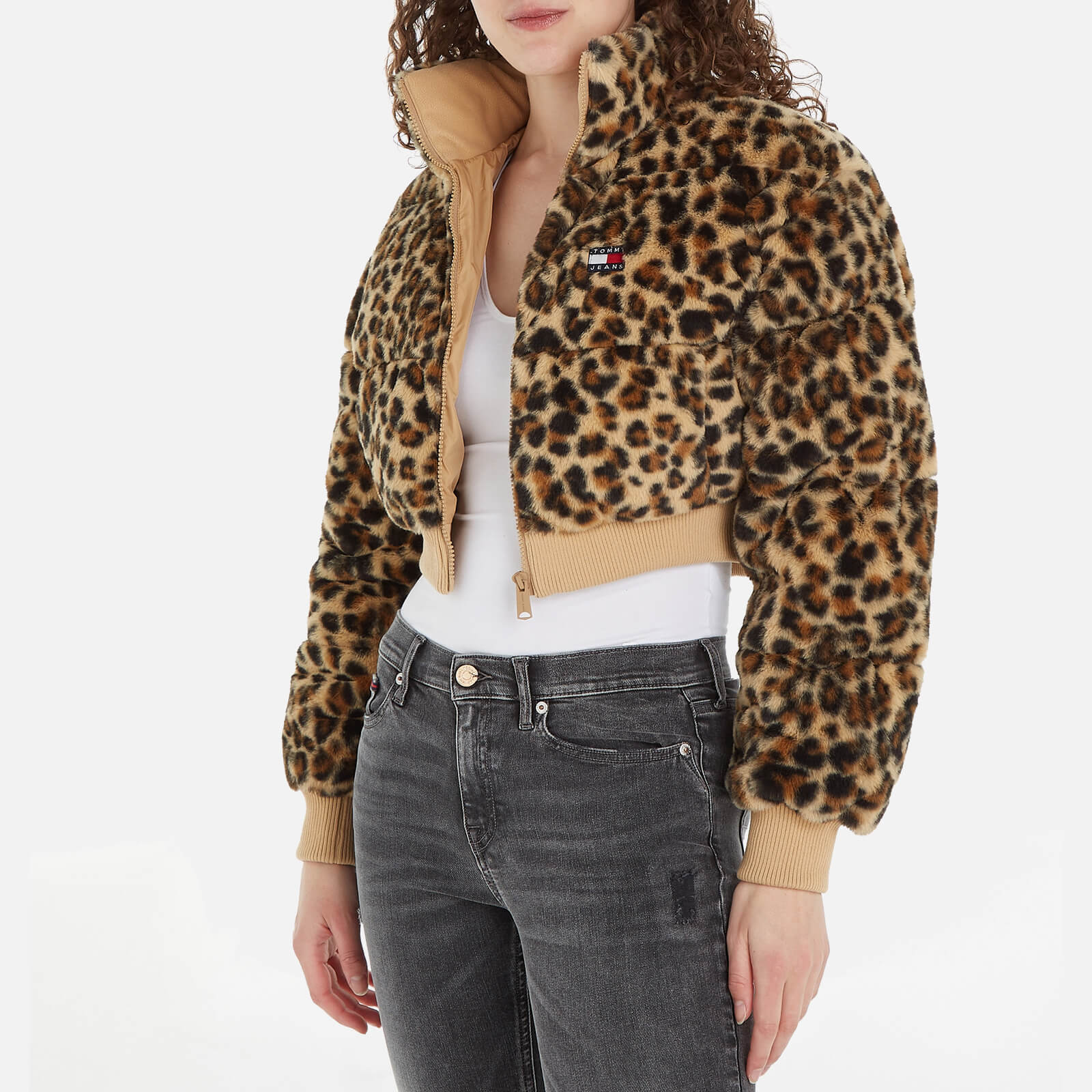 Tommy Jeans Leopard-Print Faux Fur Cropped Puffer Jacket