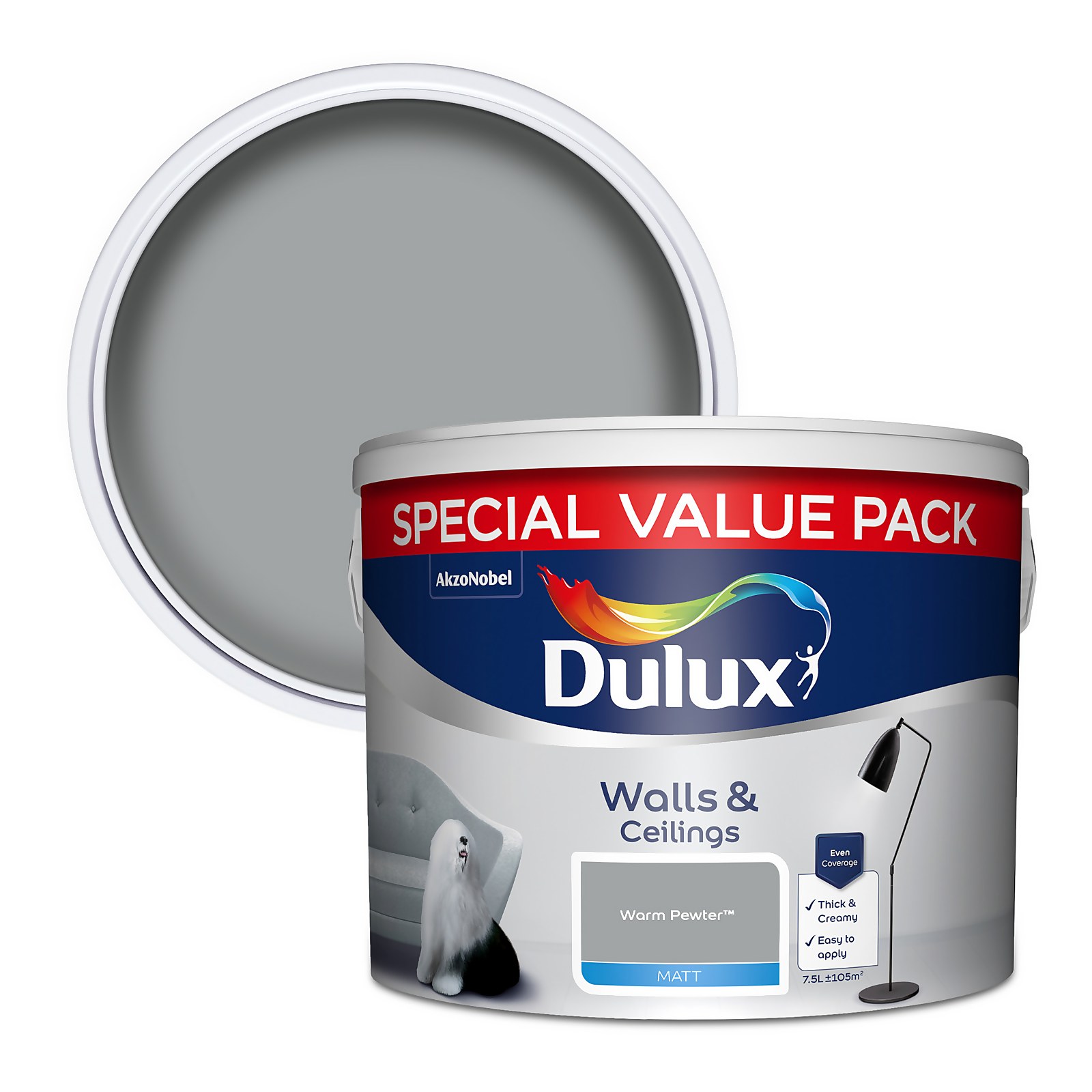 Dulux Walls & Ceilings Matt Emulsion Paint Warm Pewter - 7.5L