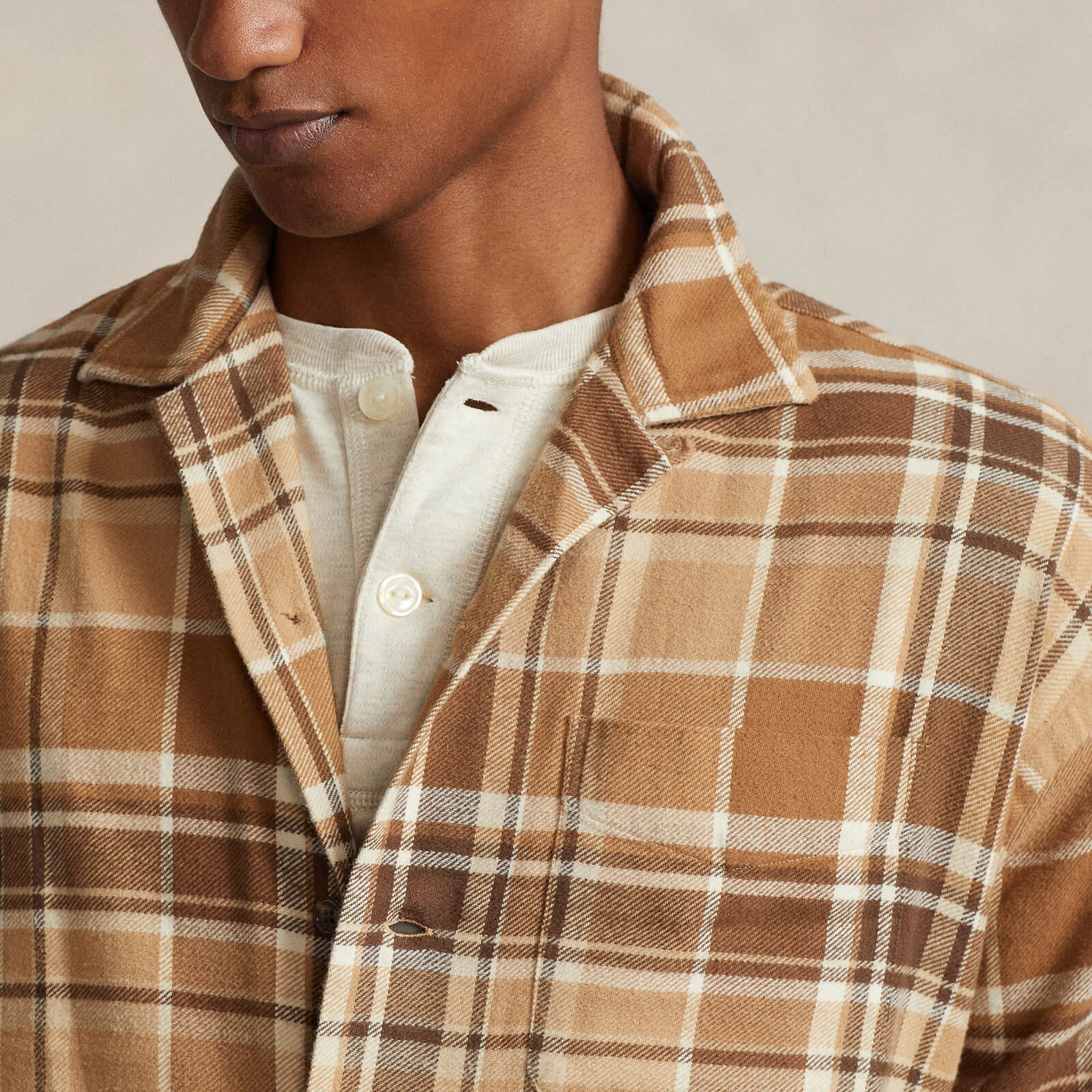 polo ralph lauren men's brushed flannel long sleeved shirt - khaki/brown multi - s