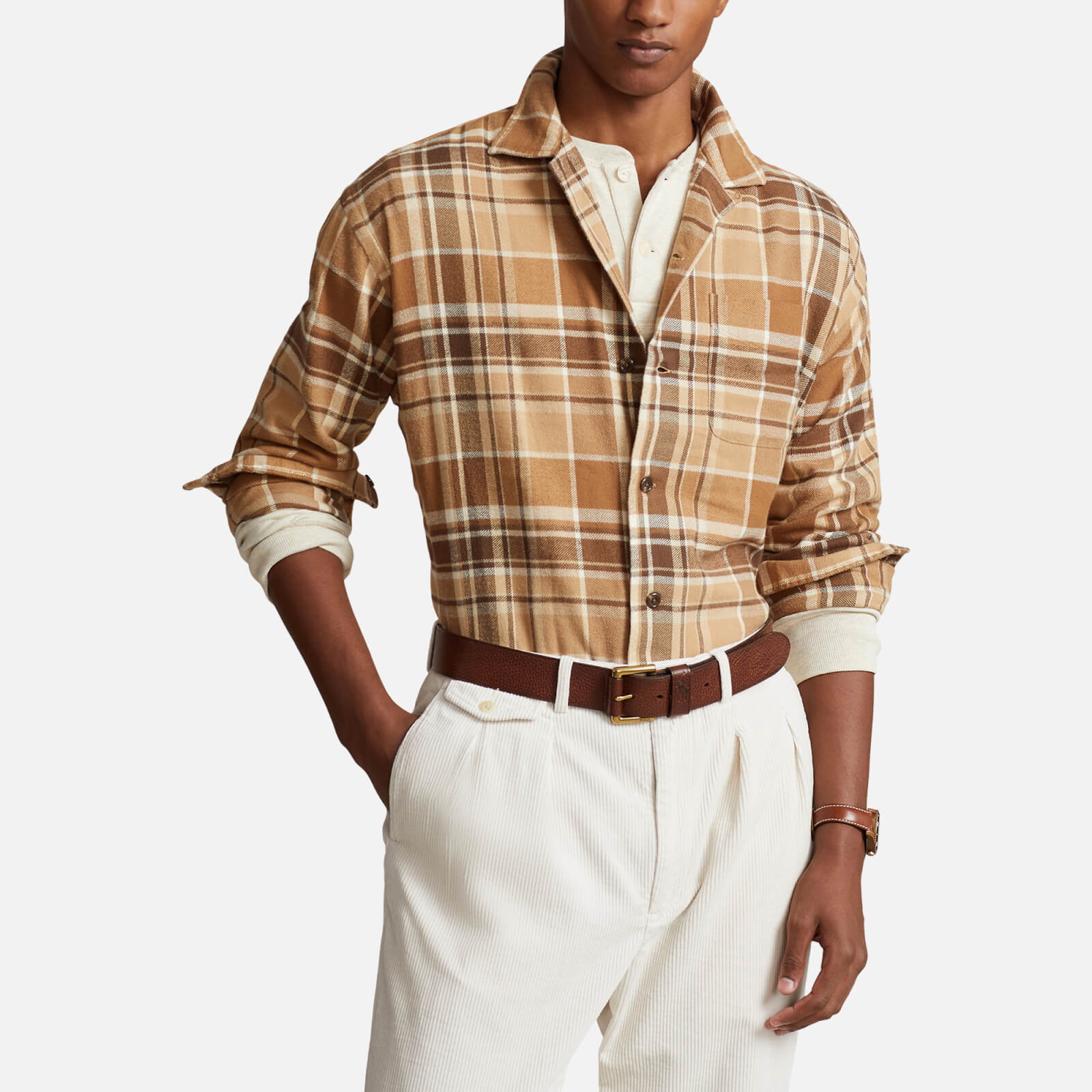 Polo Ralph Lauren Men's Brushed Flannel Long Sleeved Shirt - Khaki/Brown Multi - S