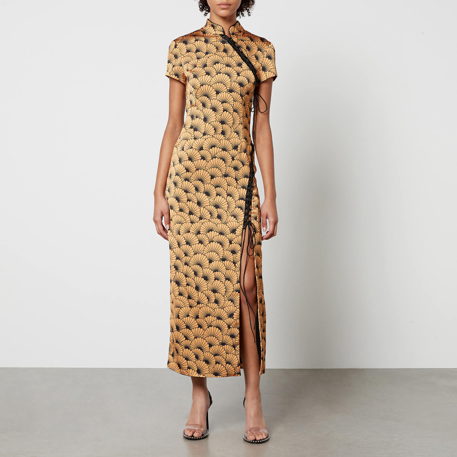 De La Vali Trapeze Printed Satin Midi Dress - UK 6