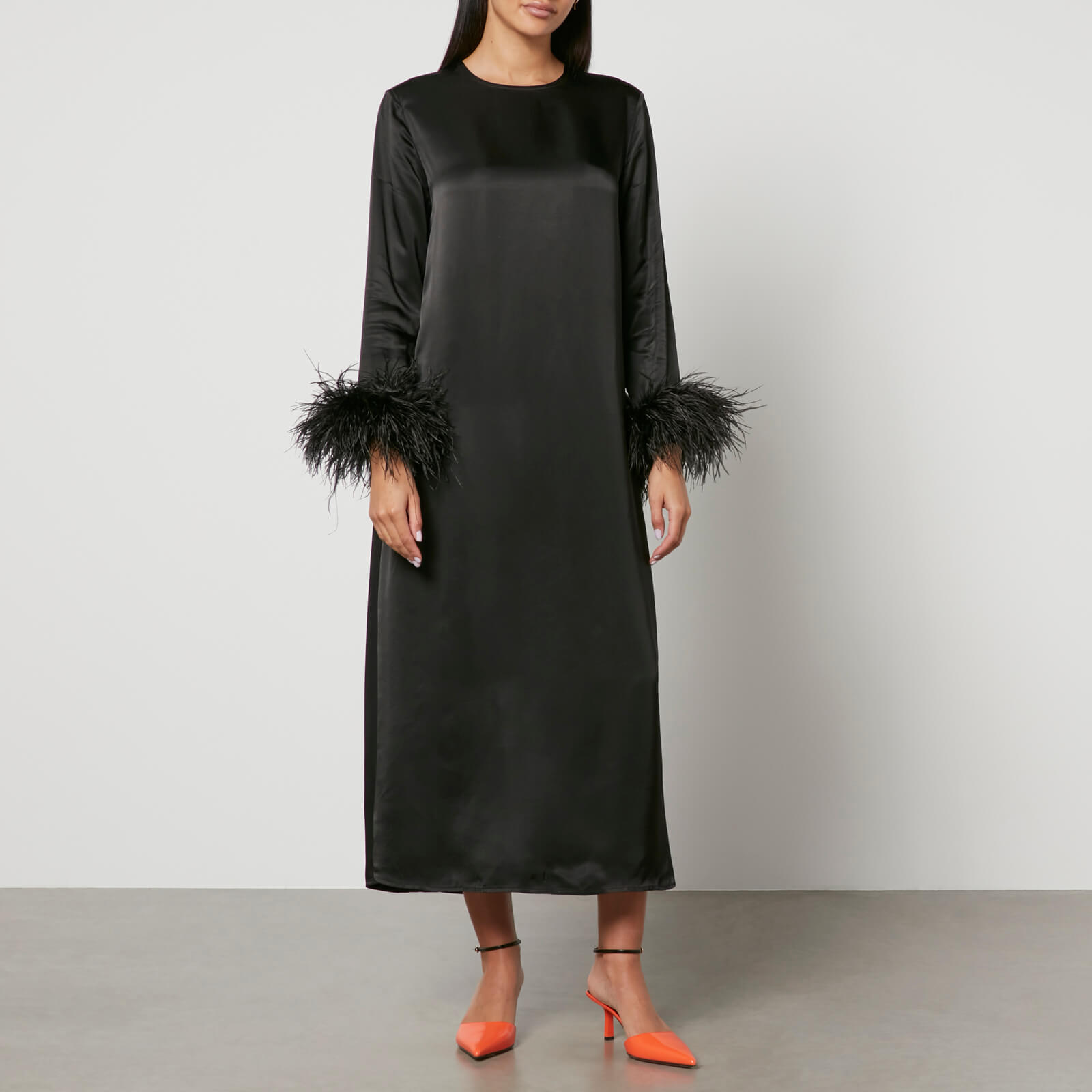 Sleeper Suzi Feather-Trimmed Satin Maxi Dress - XS