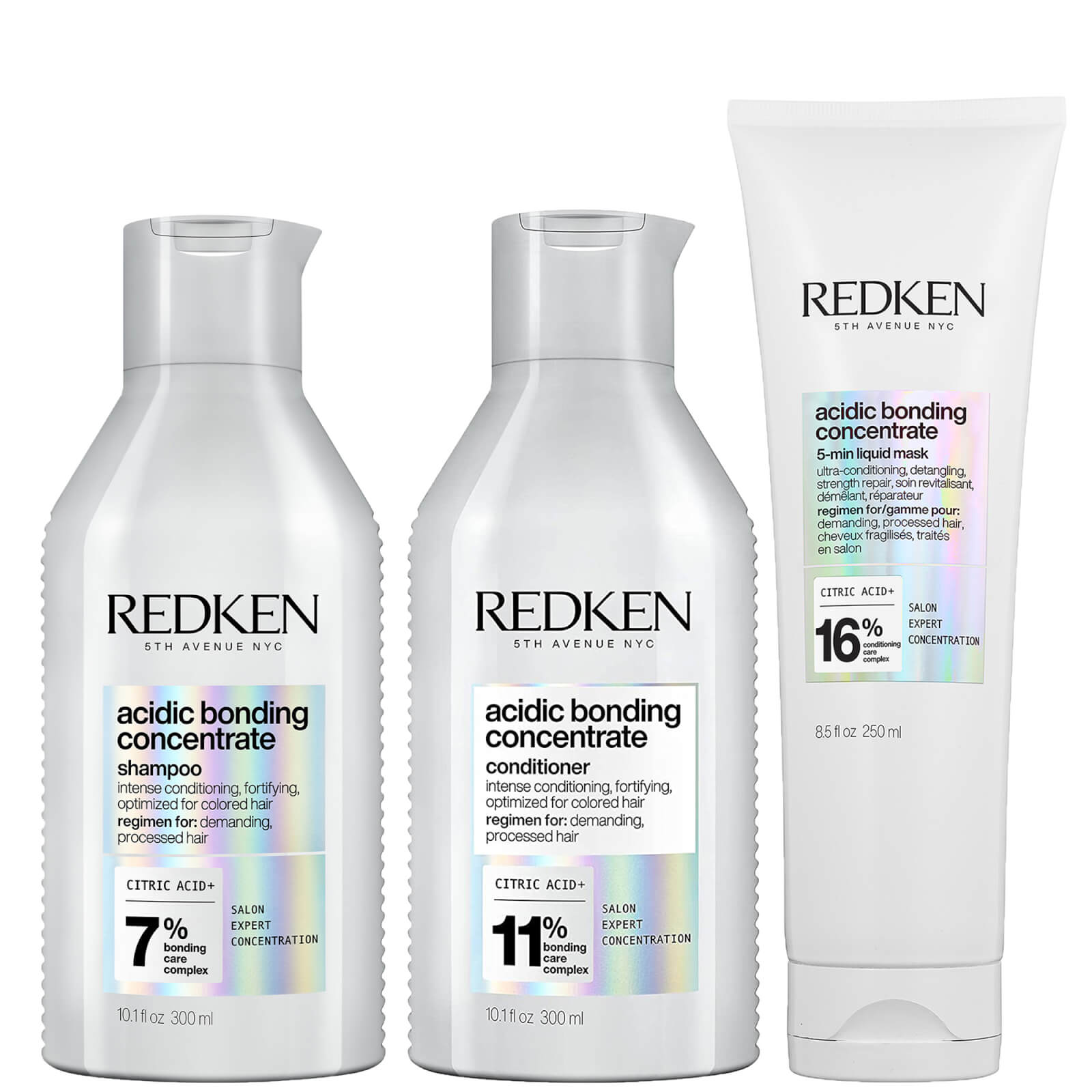 Redken Acidic Bonding Concentrate Shampoo, Conditioner and 5-Minute Liquid Hair Mask Bond Repair Bun