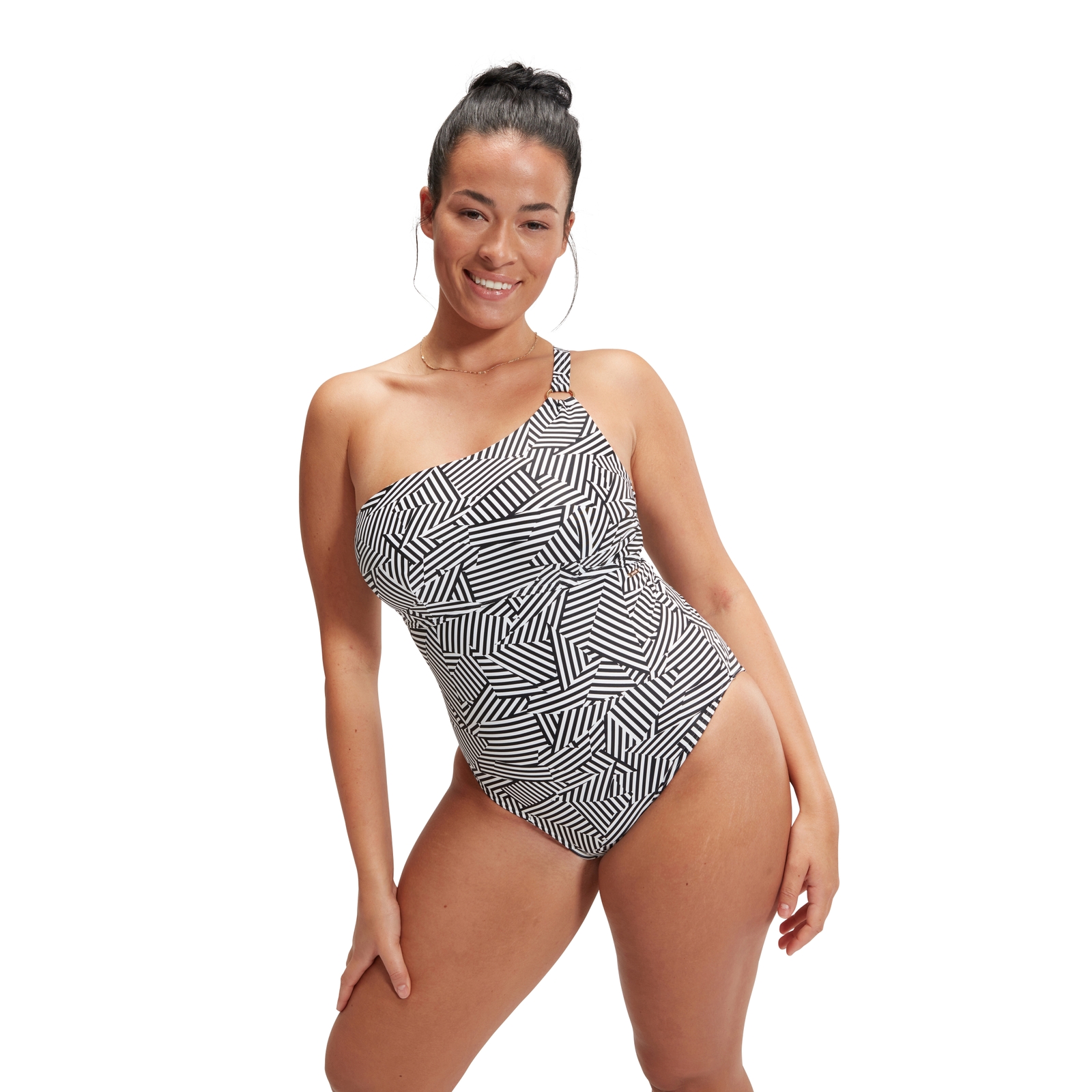 Formender bedruckter asymmetrischer Badeanzug für Damen Schwarz/Weiß