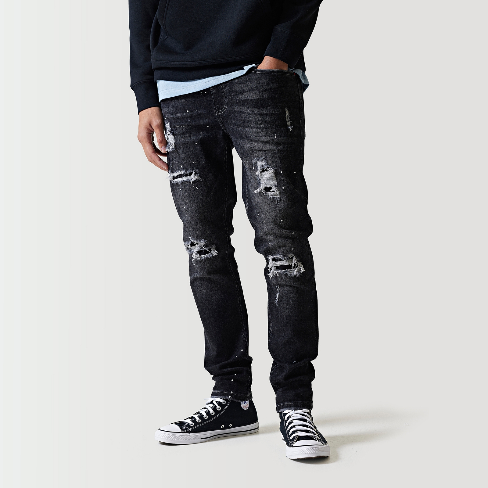 11 Degrees Sustainable Distressed Slim Tapered Jeans - Charcoal - W30 L32 from 11 Degrees