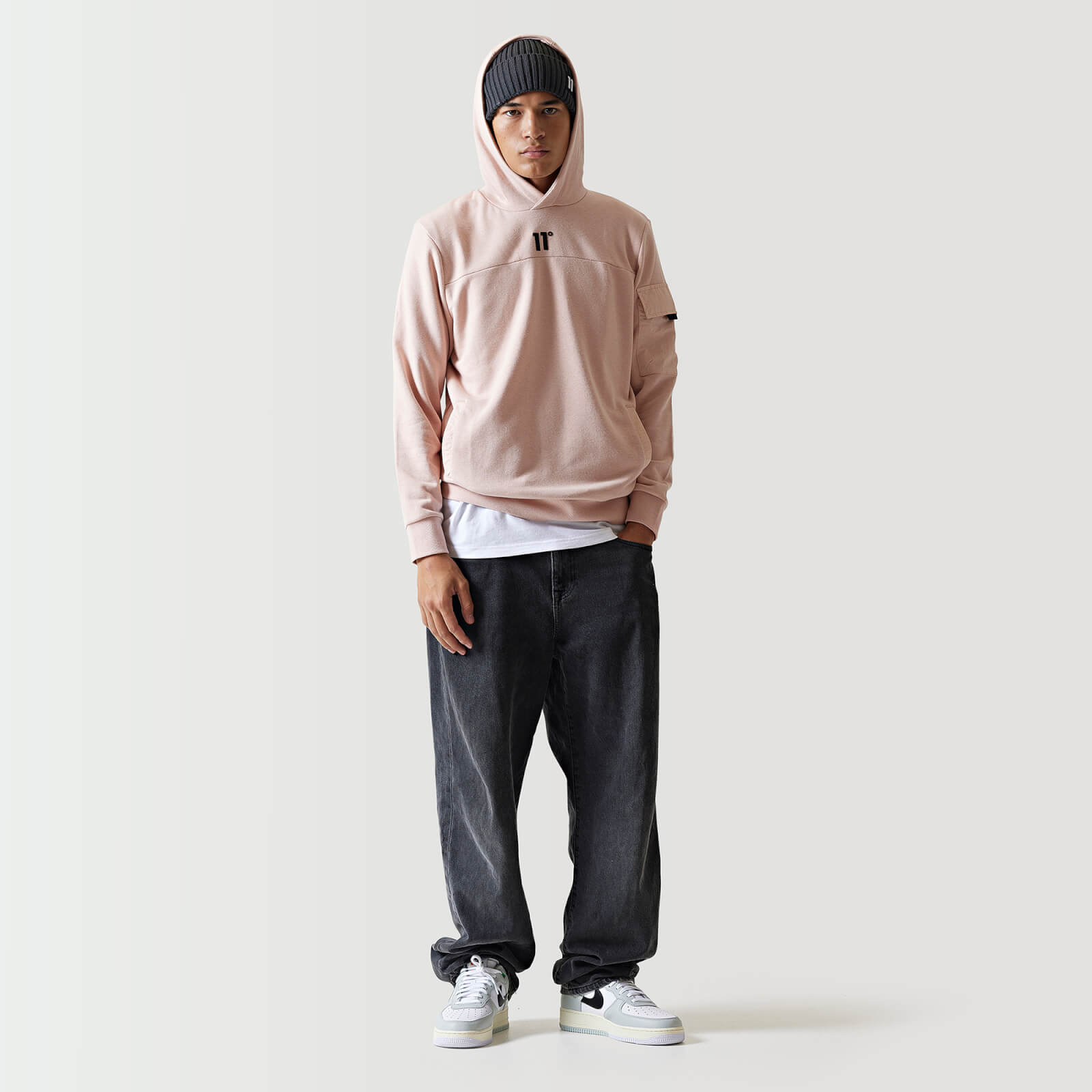 11 degrees woven pocket hoodie - putty pink - xs