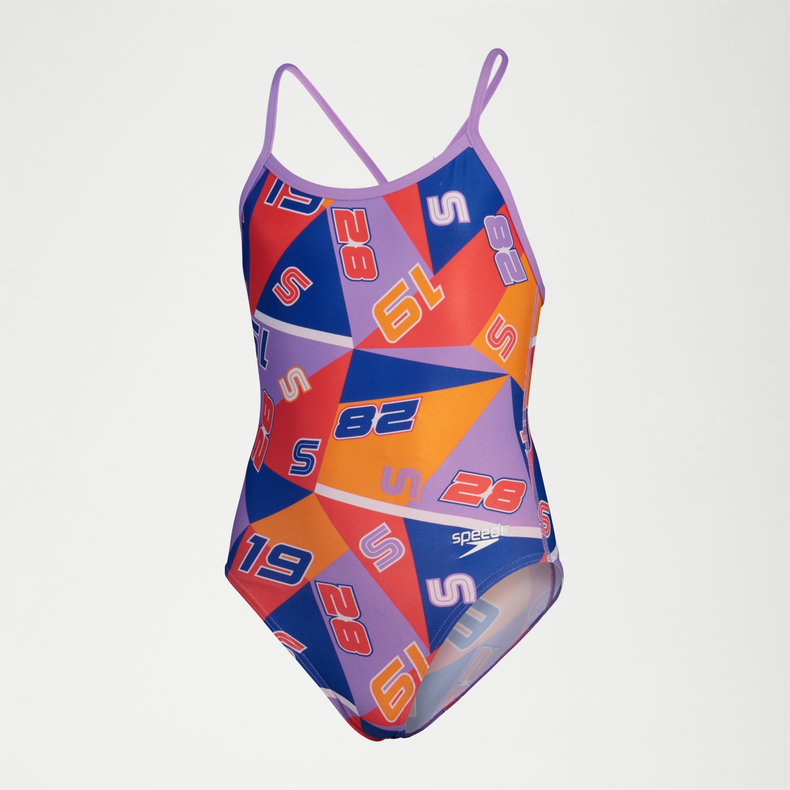 All-Over Digital-Badeanzug mit V-Rückenausschnitt für Mädchen Rot/Blau/Violett