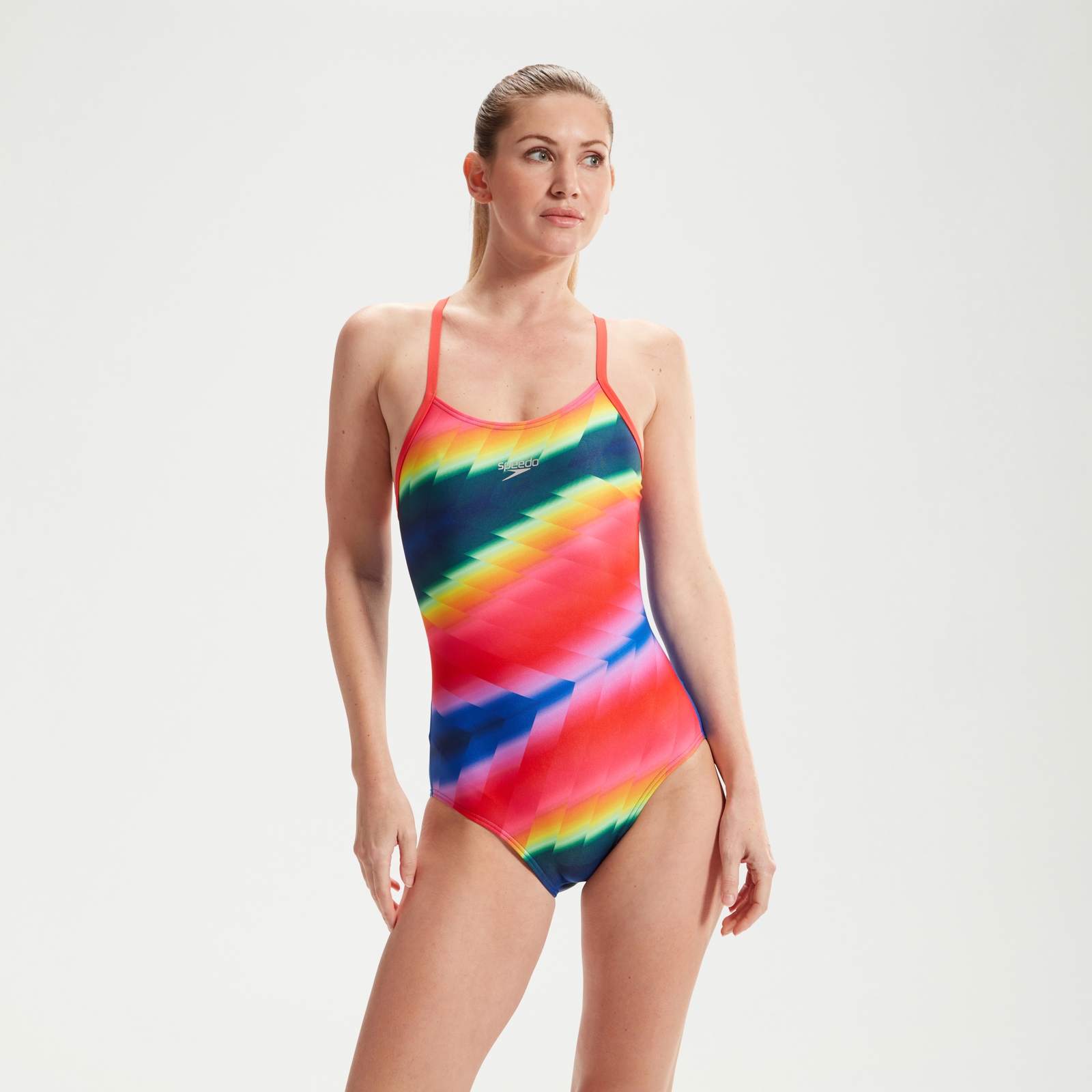 All-Over Digital-Badeanzug mit Kreuzrückenausschnitt für Damen Blau/Rot/Orange