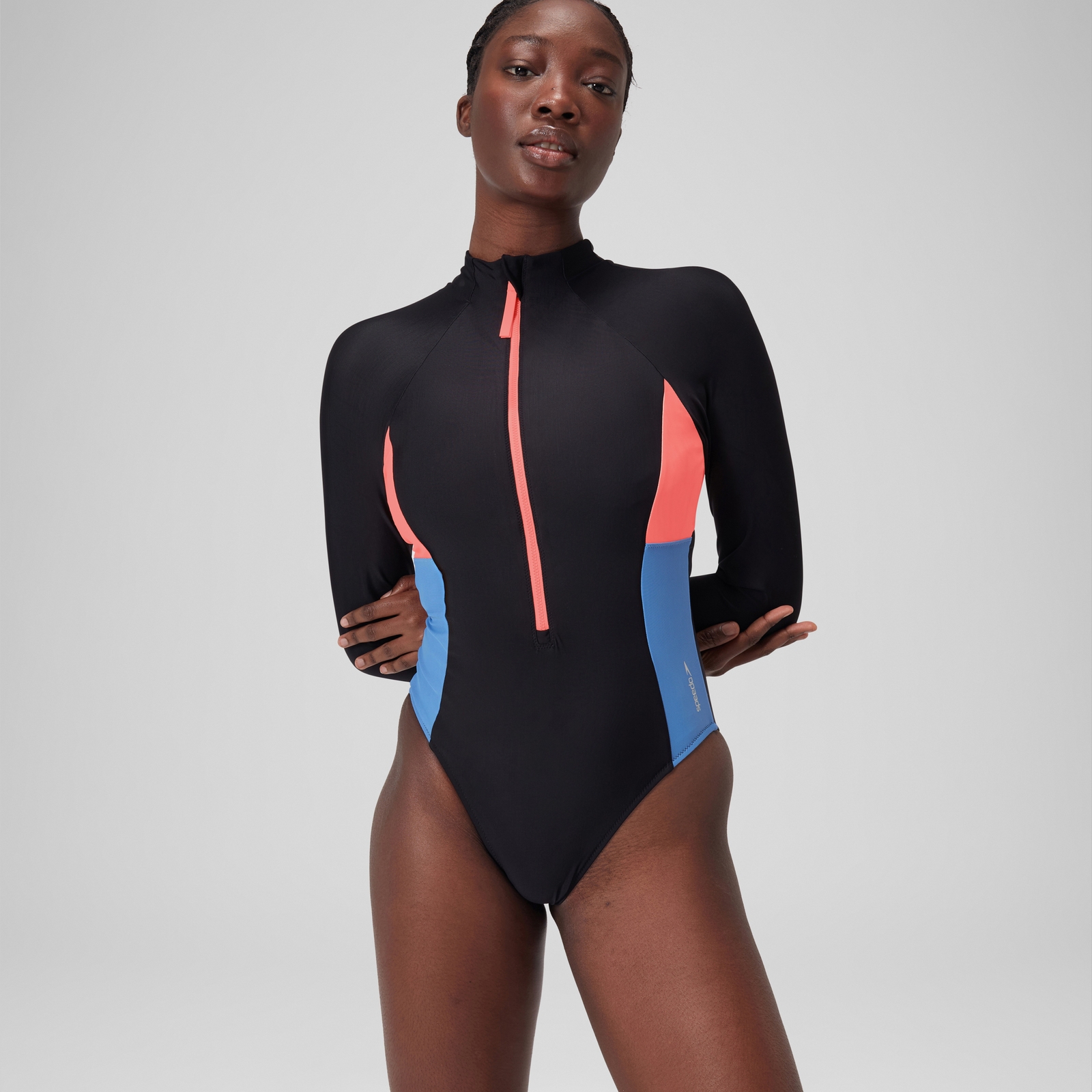 Women's long Sleeve Zip Colorblock Swimsuit Black